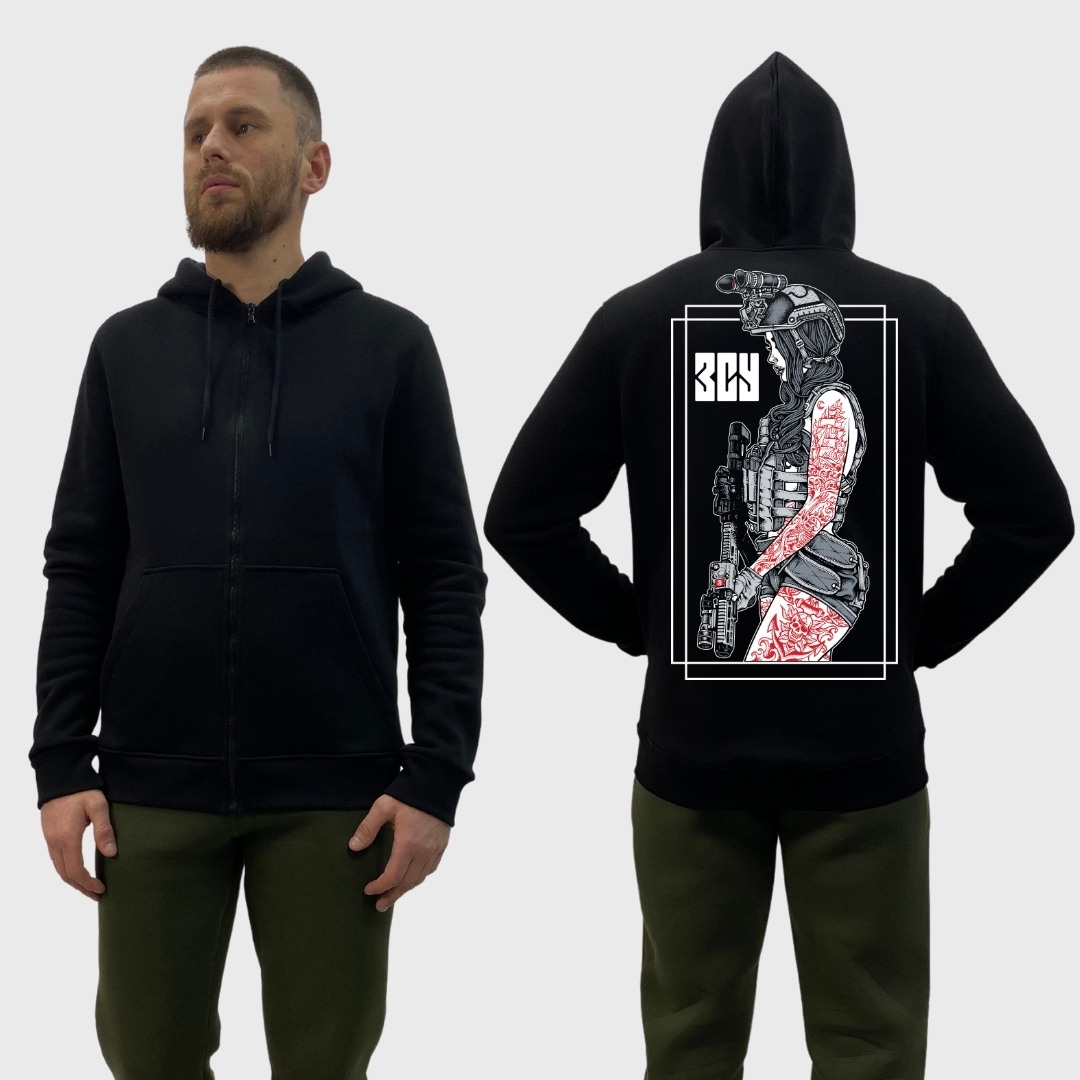Чоловічий зіп-худі на флісі з принтом Sunset Goons дівчина військова ЗСУ, Чорний