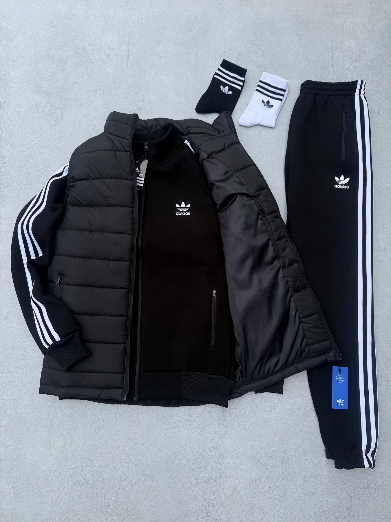 Зима жилет кофта штаны Adidas мужской хлопковый черный модный спортивный на молнии на флисе безрукавка