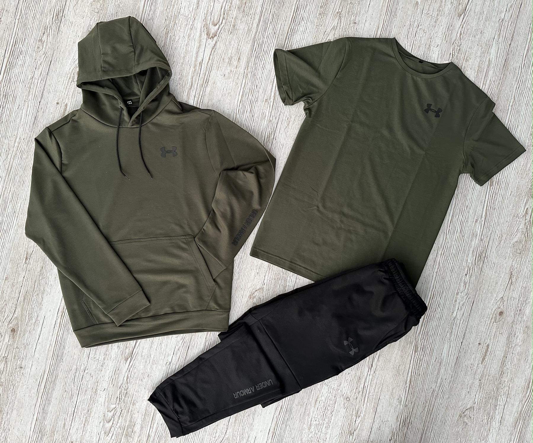 Демісезонний спортивний костюм Under Armour худі хакі + штани (двонитка) + Футболка хакі Under Armour + Жилетка + Шкарпетки 2