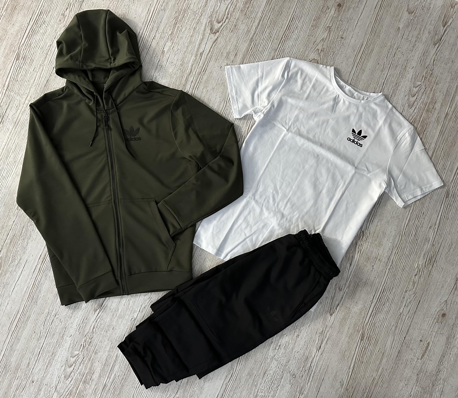 Демисезонный спортивный костюм Adidas кофта на молнии хаки + штаны (двонитка) + Футболка белая Adidas +
