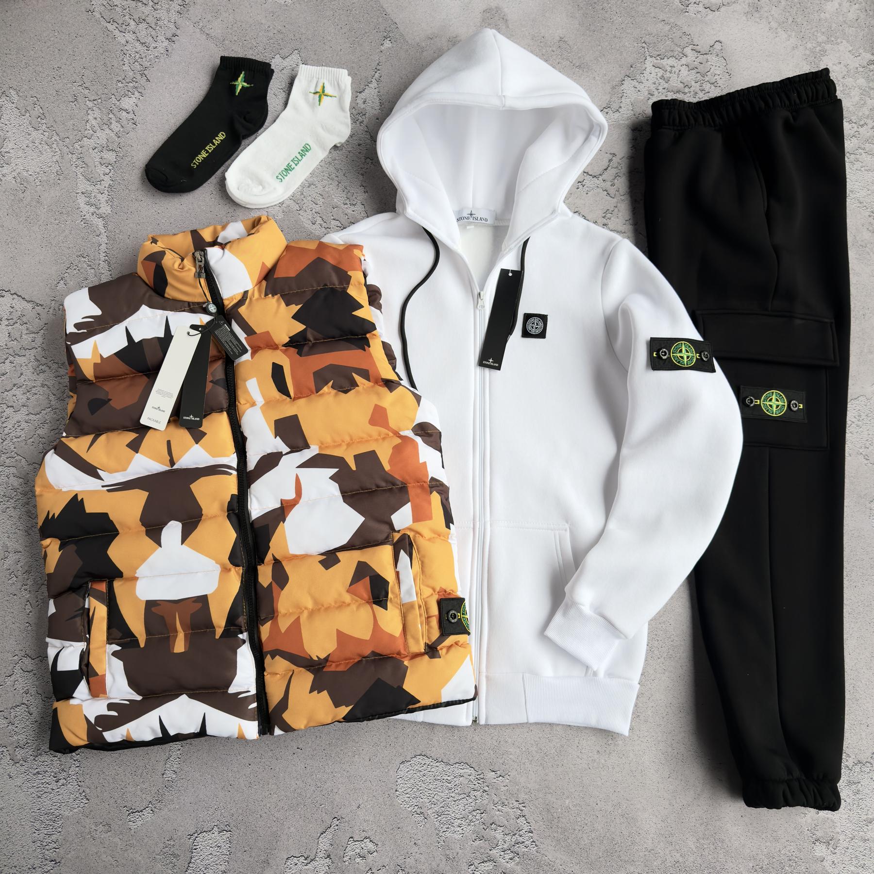 Набор Stone Island зима жилет разноцветный зип худи штаны черные унисекс плащевка модный теплый комплект