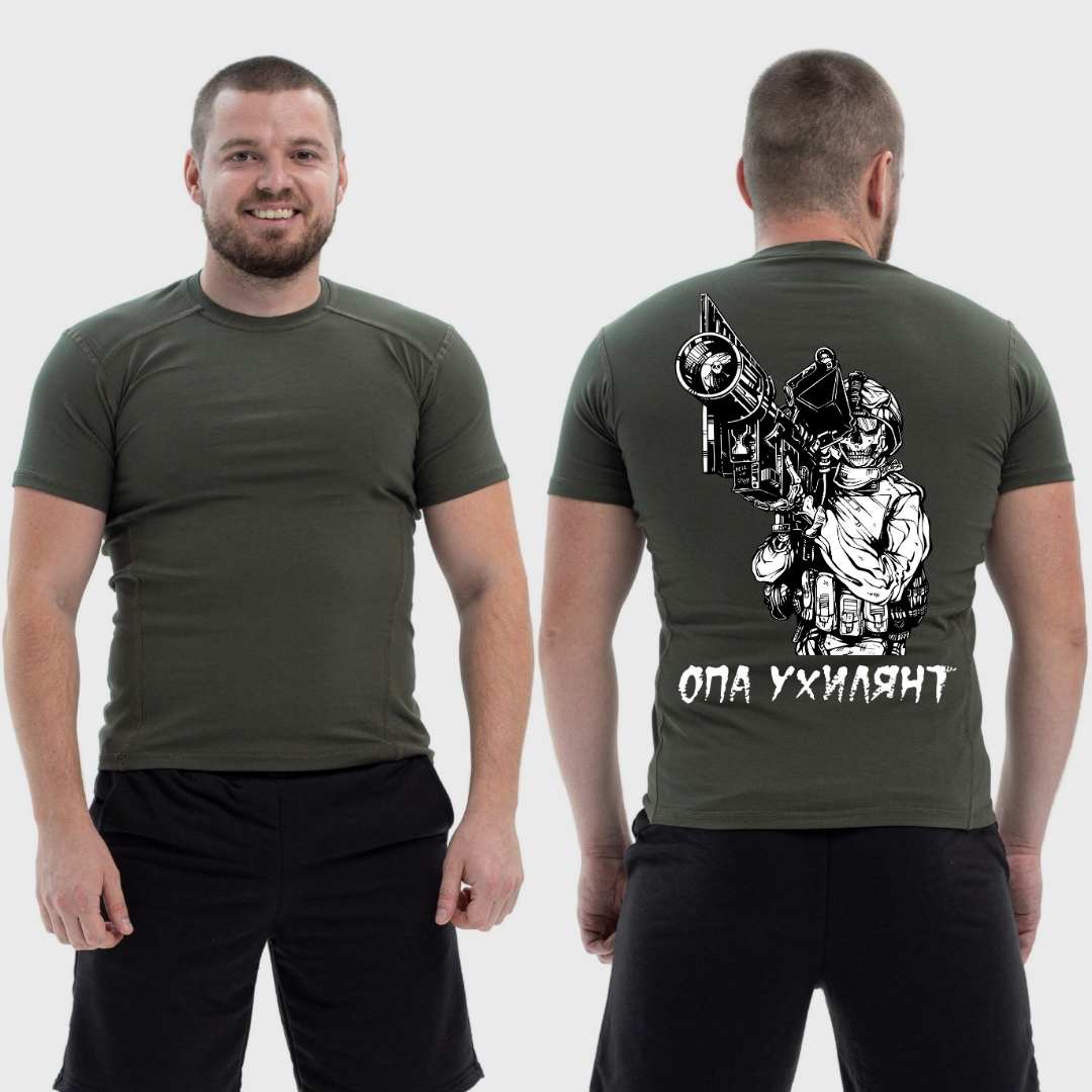 Чоловіча тактична футболка з принтом Скелет приціл опа ***лянт, Хакі