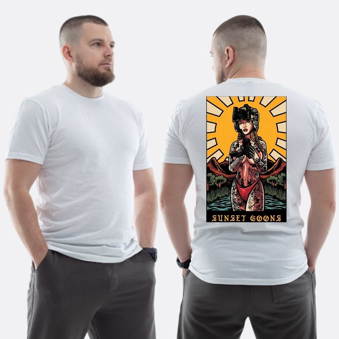 Чоловіча класична футболка з принтом Sunset Goons дівчина сонце полудень , Білий