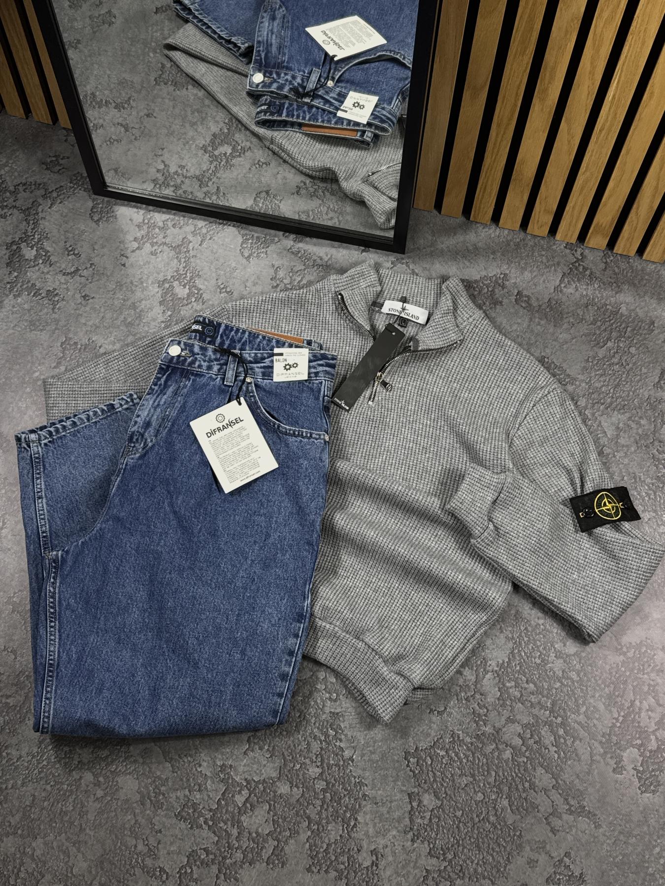 Комплект Анорак вязаный Stone Island + Джинсы Jogger серый демисезонный модный и универсальный костюм
