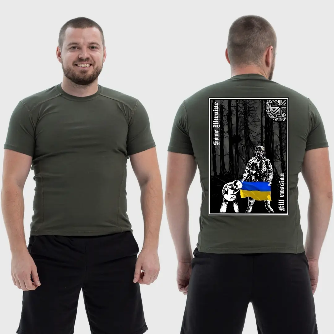 Чоловіча тактична футболка з принтом Save Ukraine kill **sian військовий прапор України, Хакі