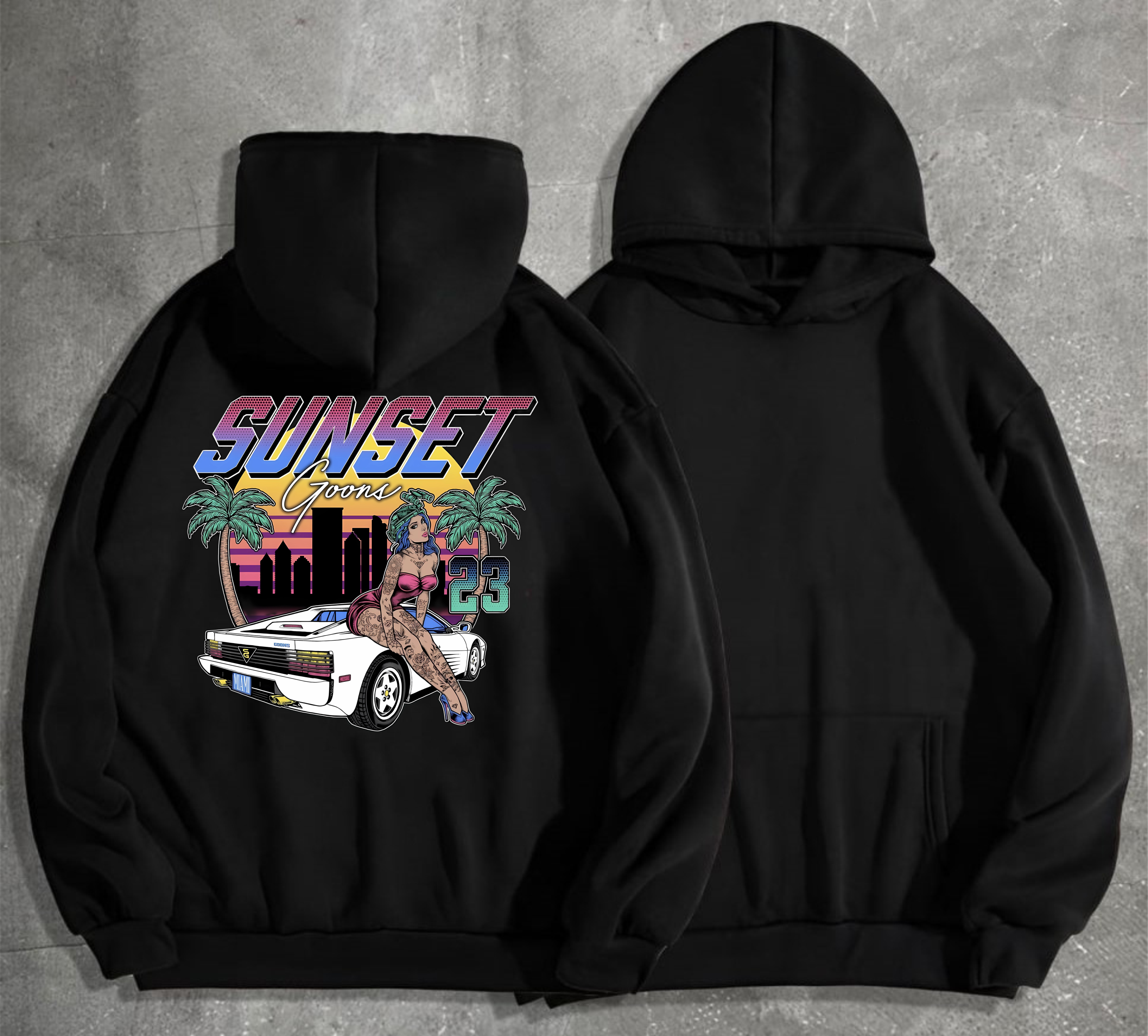 Худі чоловічий на флісі з принтом Sunset Goons Дівчина та авто , Чорний