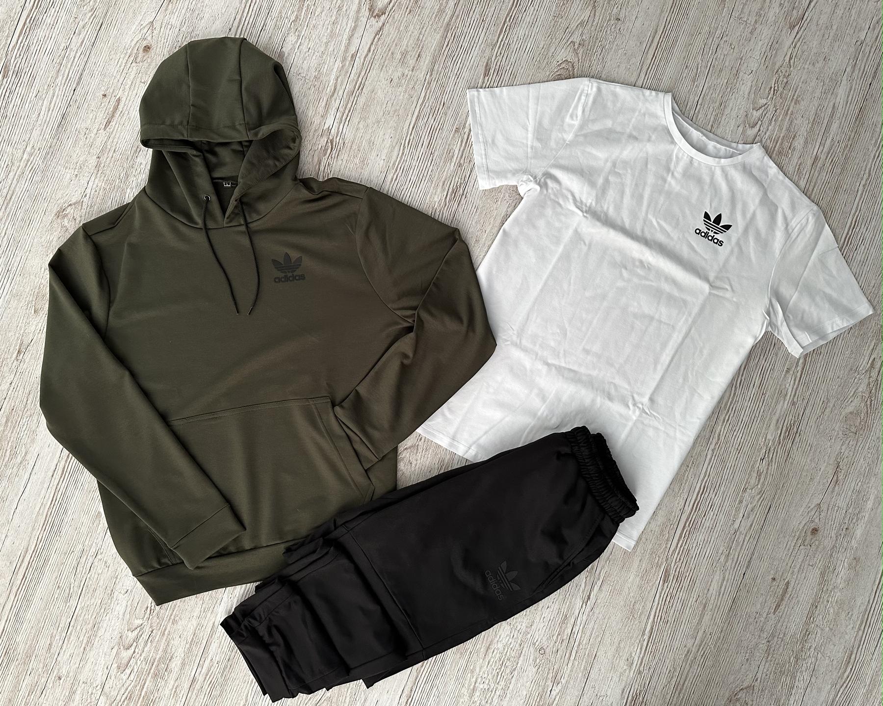 Демісезонний спортивний костюм Adidas худі хакі + штани (двонитка) + Футболка біла Adidas + Жилетка + Шкарпетки 2 пари (чорні