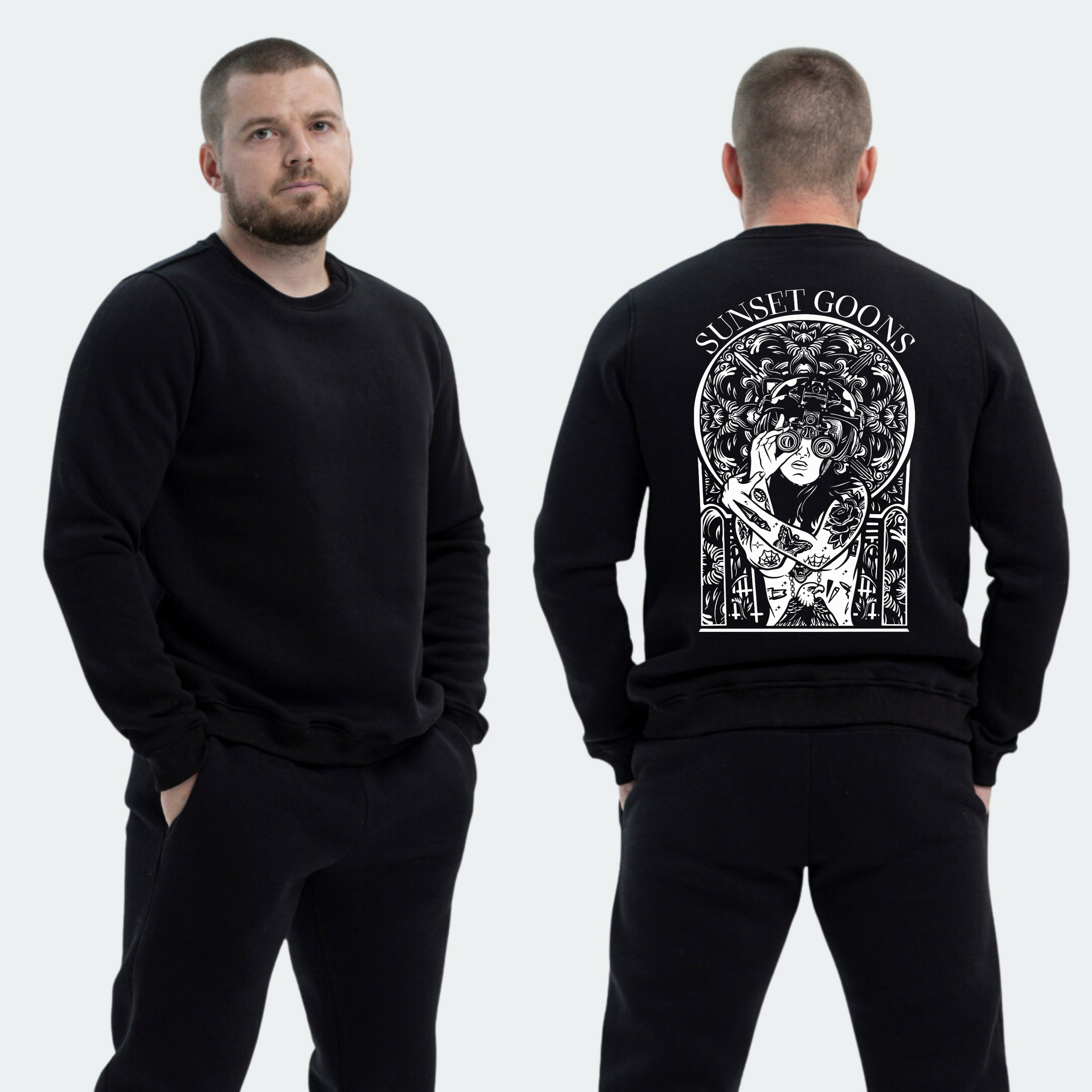 Чоловічий світшот на флісі з принтом Sunset Goons дівчина з біноклем, Чорний