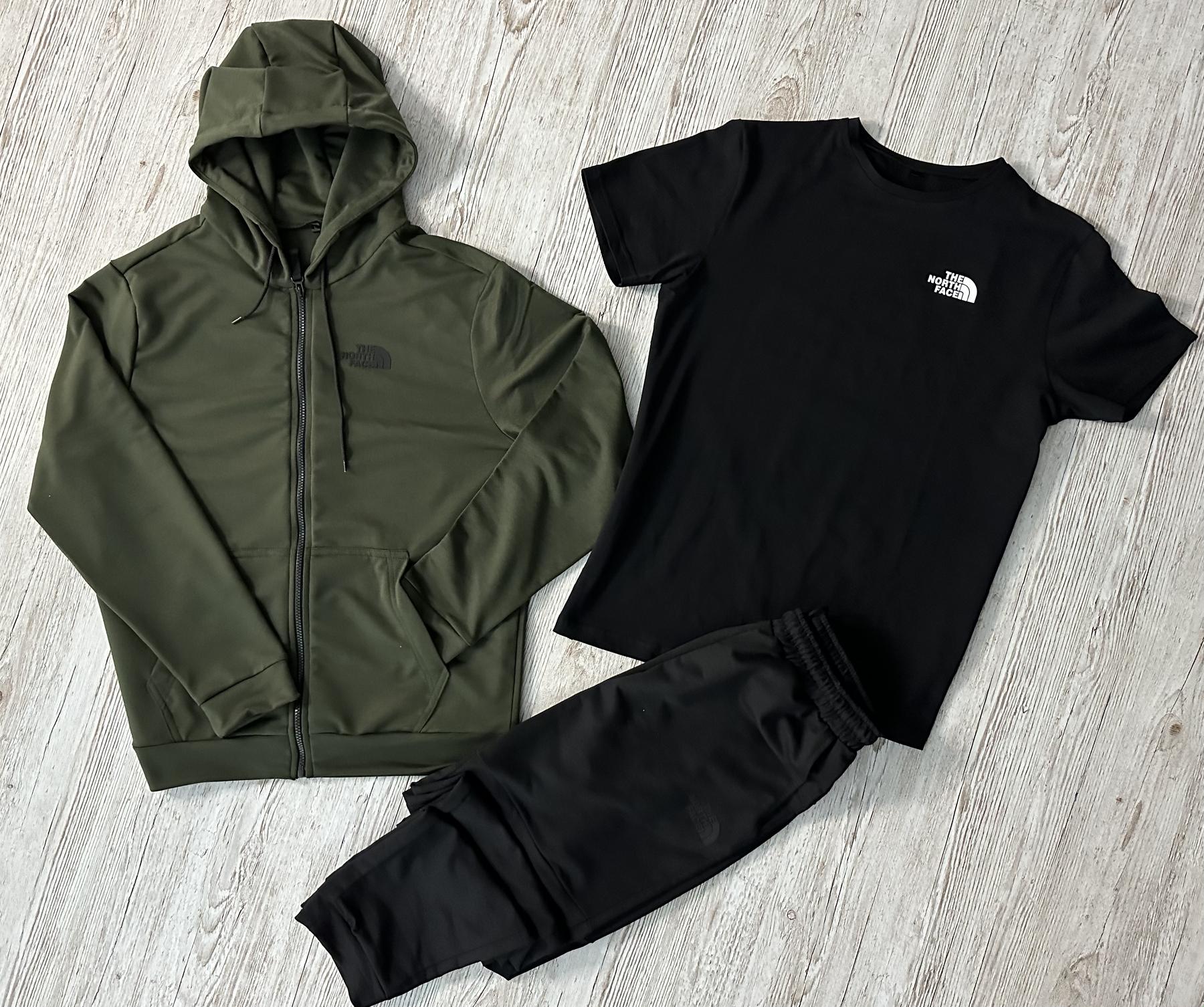 Демисезонный спортивный костюм The North Face кофта на молнии хаки + штаны (двонитка) + Футболка черная The