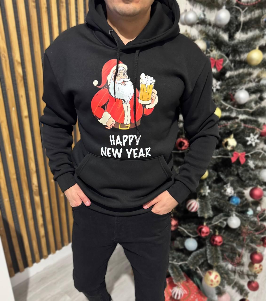 Худи новогодний Happy New Year мужское флисовое всесезонное качественное и трендовое с капюшоном на прогулку