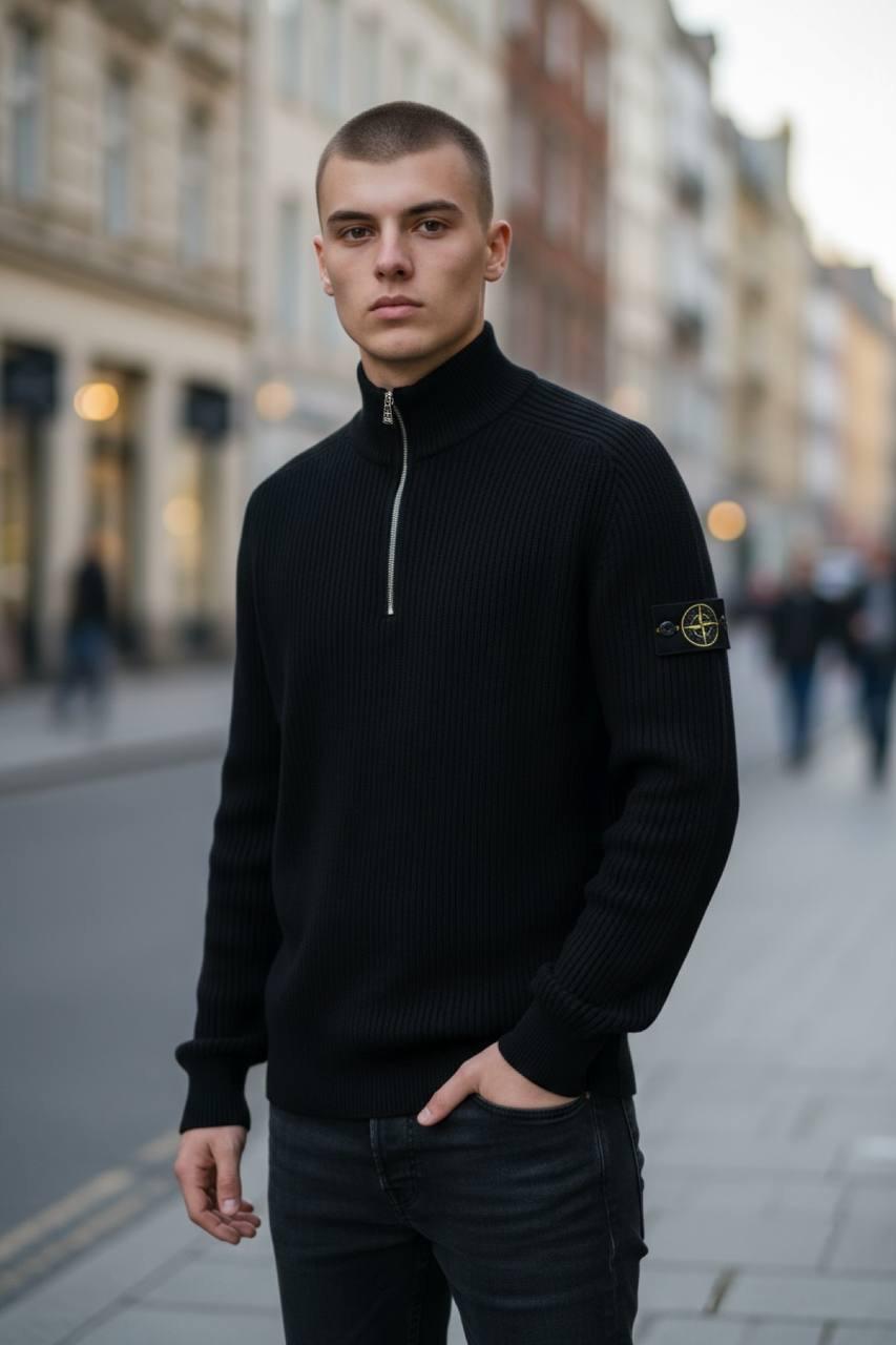 Реглан мужской Stone Island черный вязка всесезонный кофта на молнии с воротником стойкой джемпер