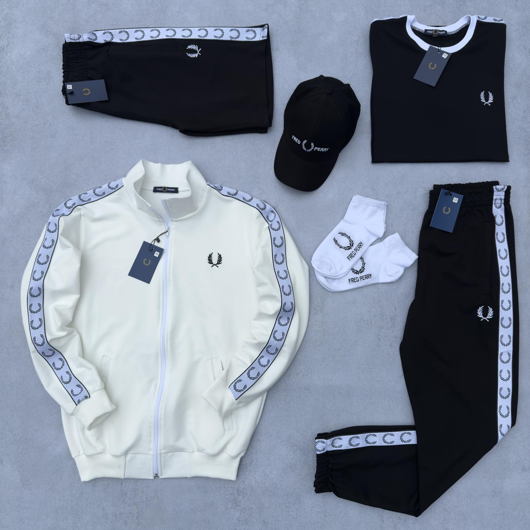 Набор 7в1 Fred Perry молочна кофта черные штаны футболка шорты кепка хлопковый всесезонный с вышивкой комплект