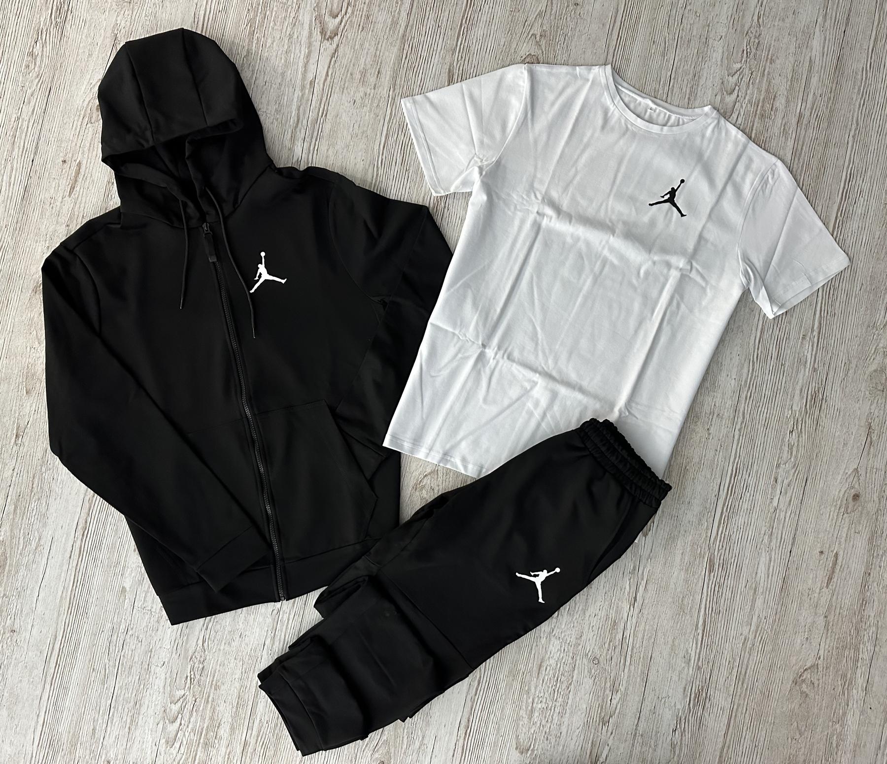 Демисезонный спортивный костюм Jordan черная кофта на молнии + штаны (двонитка) + Футболка белая Jordan +