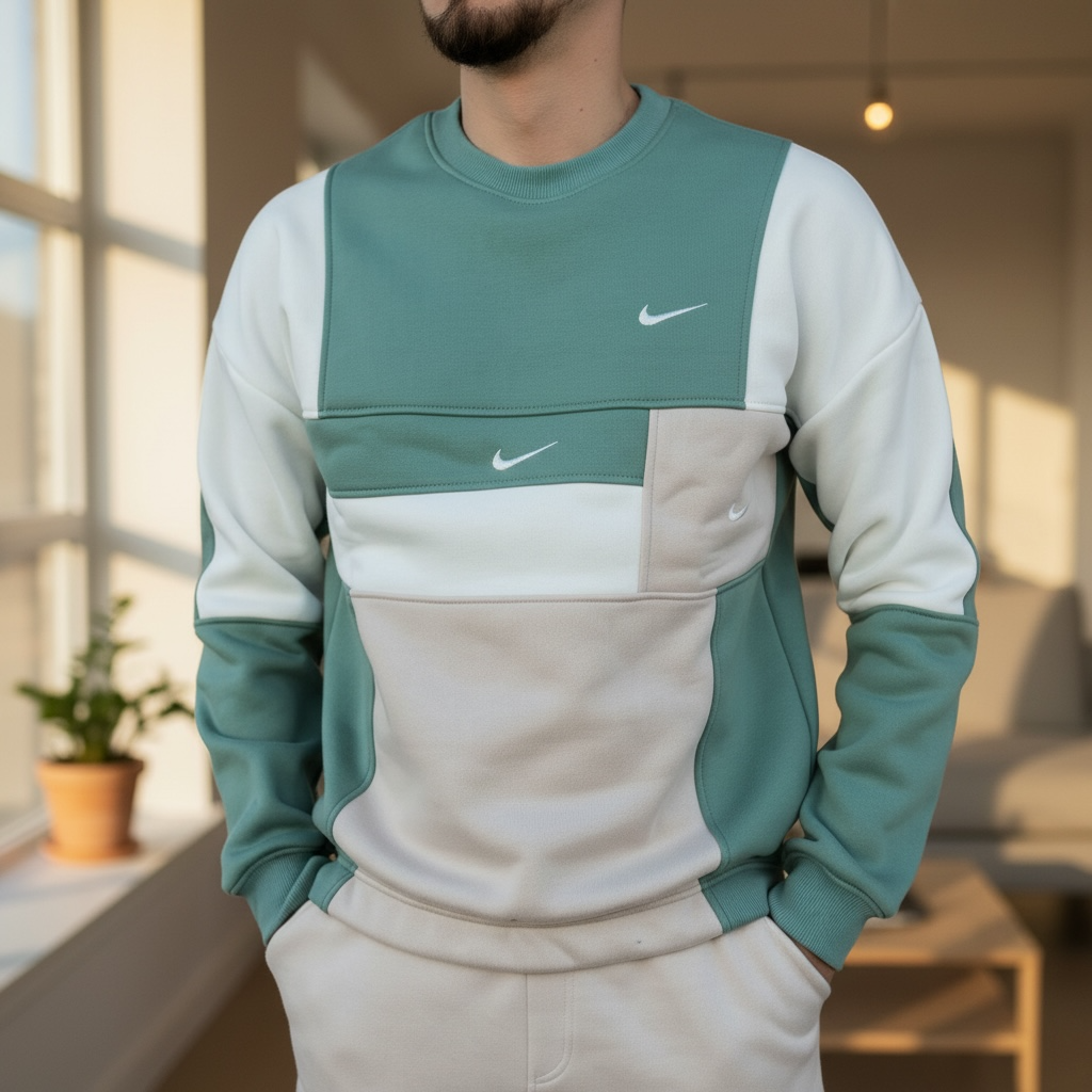 Свитшот Nike триколор мужской оливковый трехнитка всесезонный практичный теплый с вышивкой кофта без капюшона