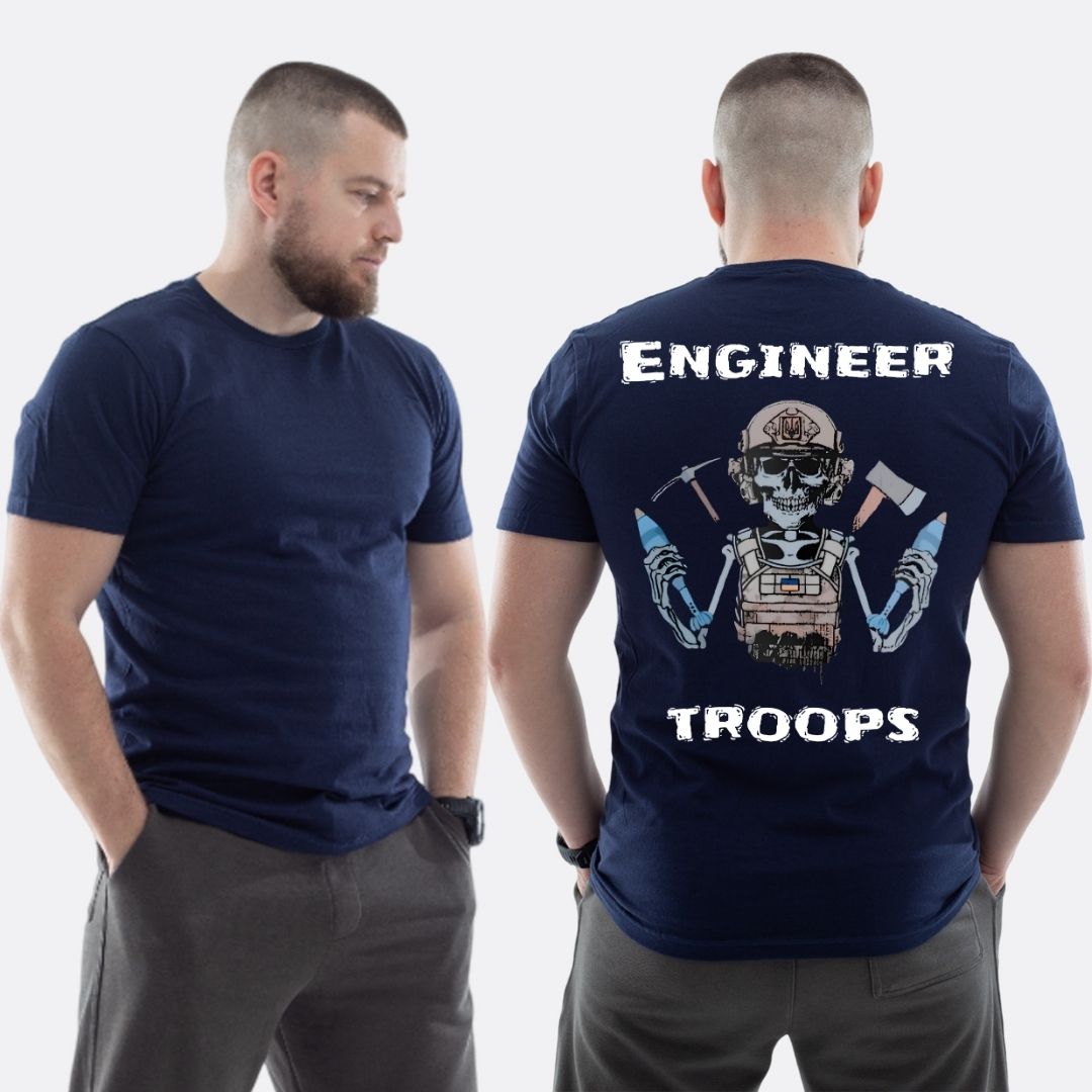 Чоловіча класична футболка з принтом Engineer troops скелет з мінами тризуб прапор України , Темно синій