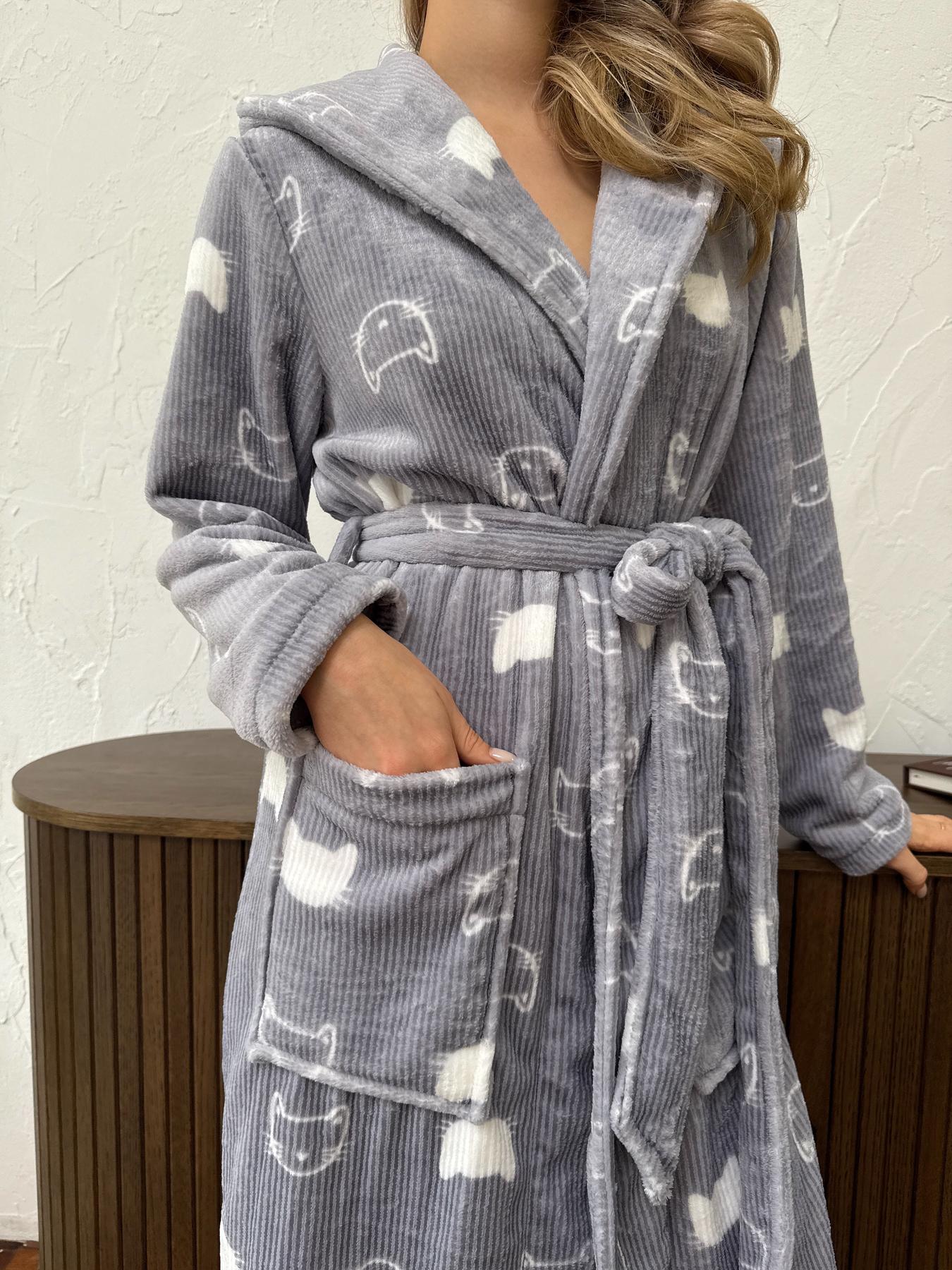 Жіночий халат з капюшоном COSY теплий Котики велсофт - фото 2