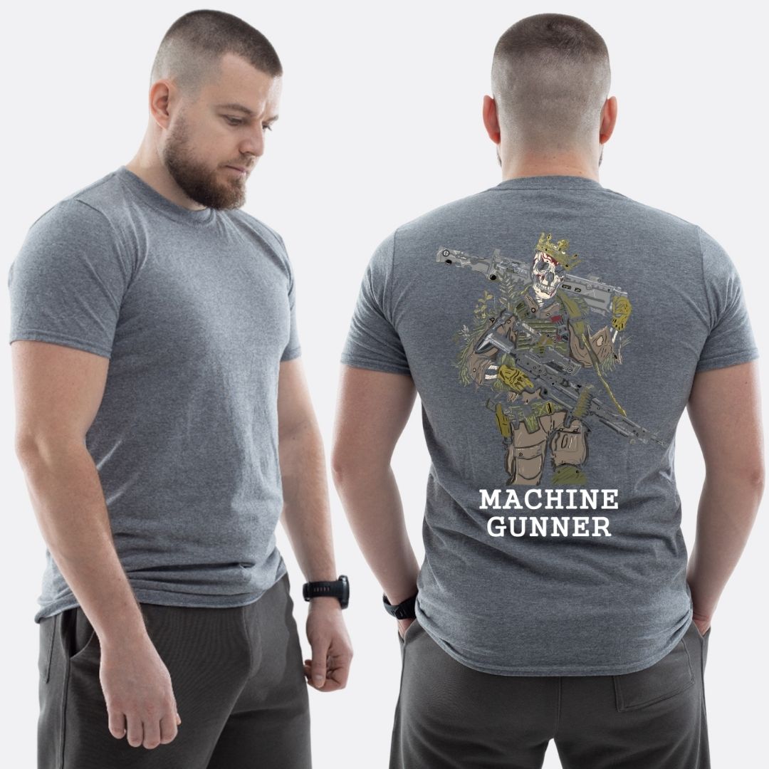 Чоловіча класична футболка з принтом Machine gunner мінометник скелет з мінометом , Мокрий асфальт