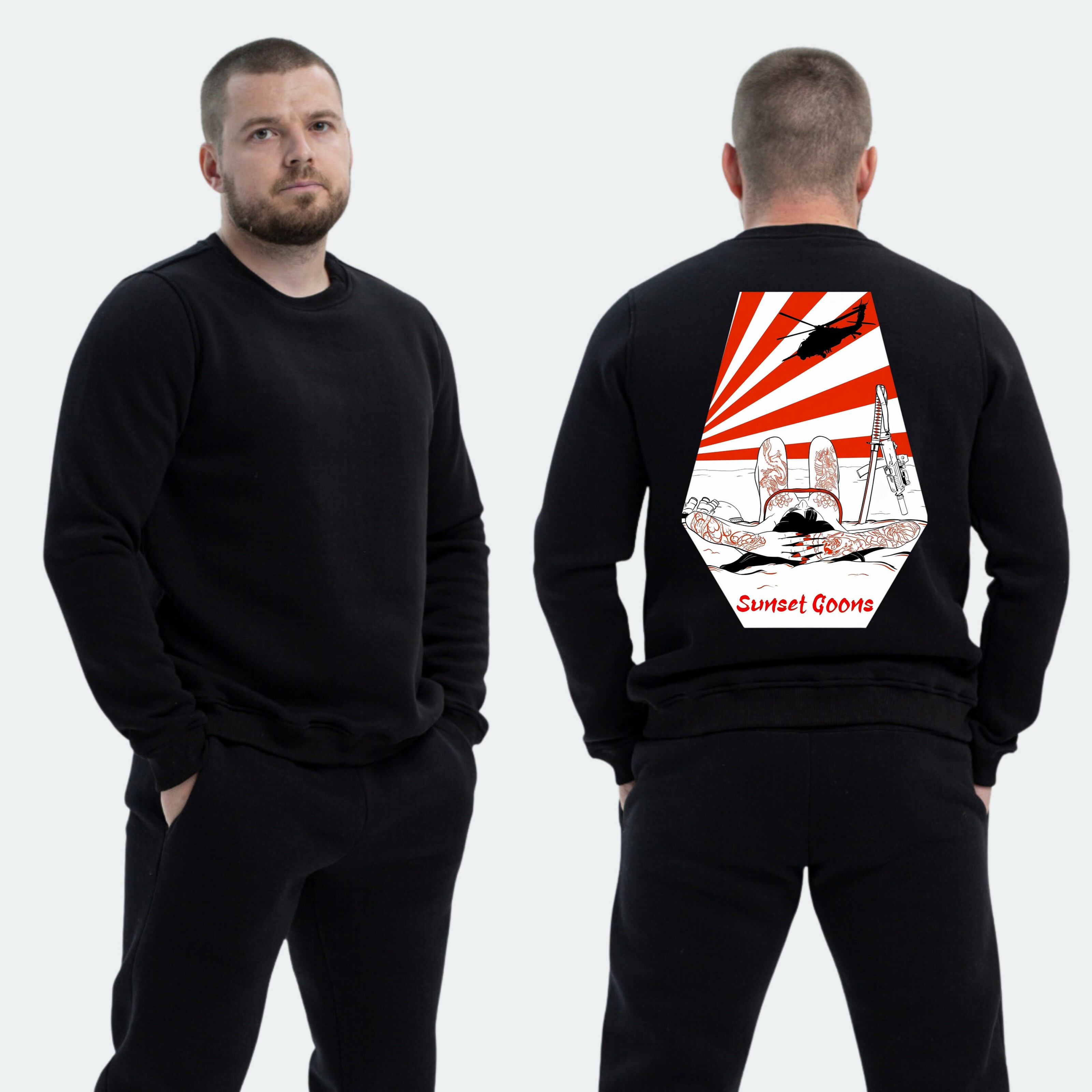 Чоловічий світшот на флісі з принтом Sunset Goons дівчина на пляжі гелікоптер вертоліт, Чорний