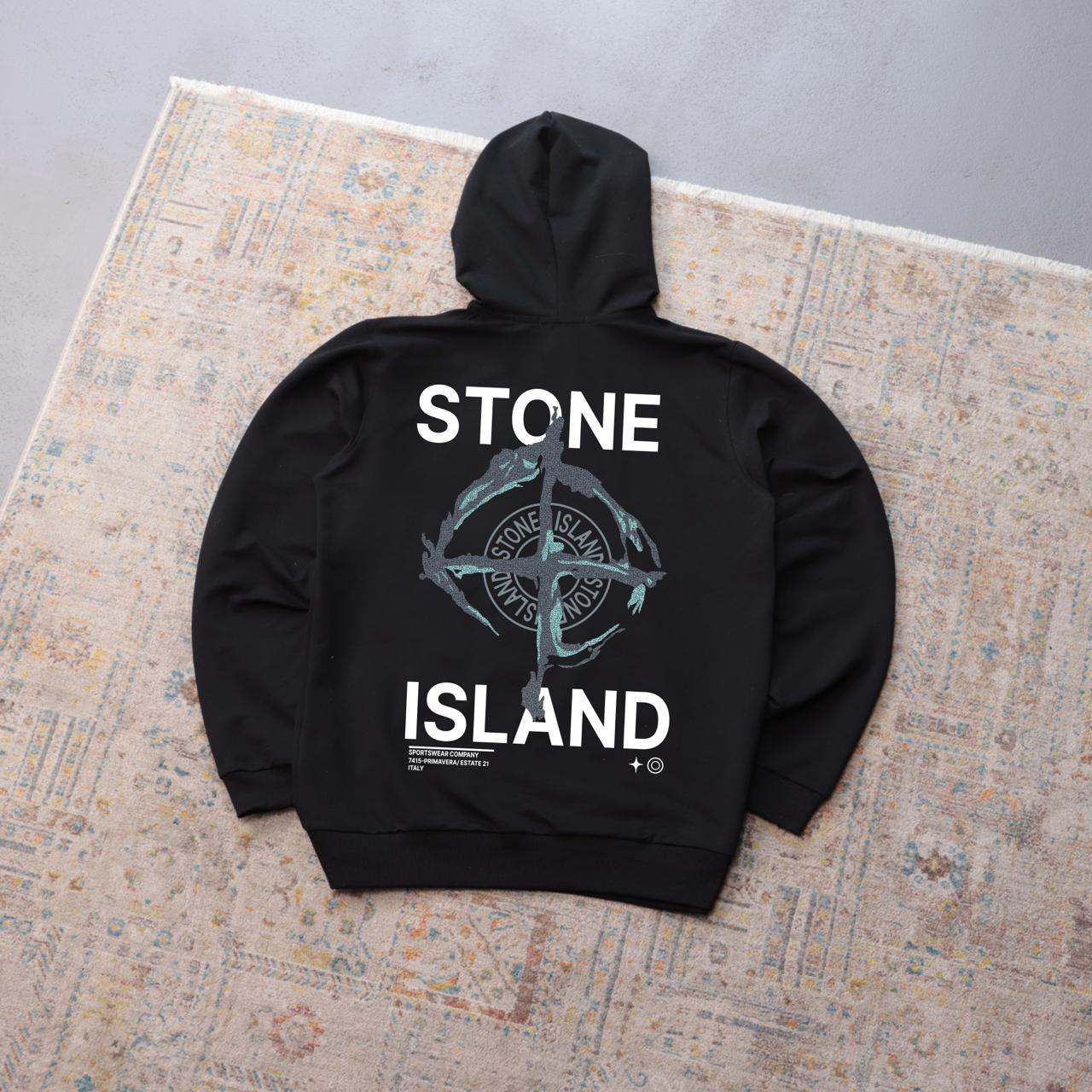 Худи STONE ISLAND-LOGO COMPASS осень мужское черное двунитка удобное и актуальное с капюшоном на прогулку