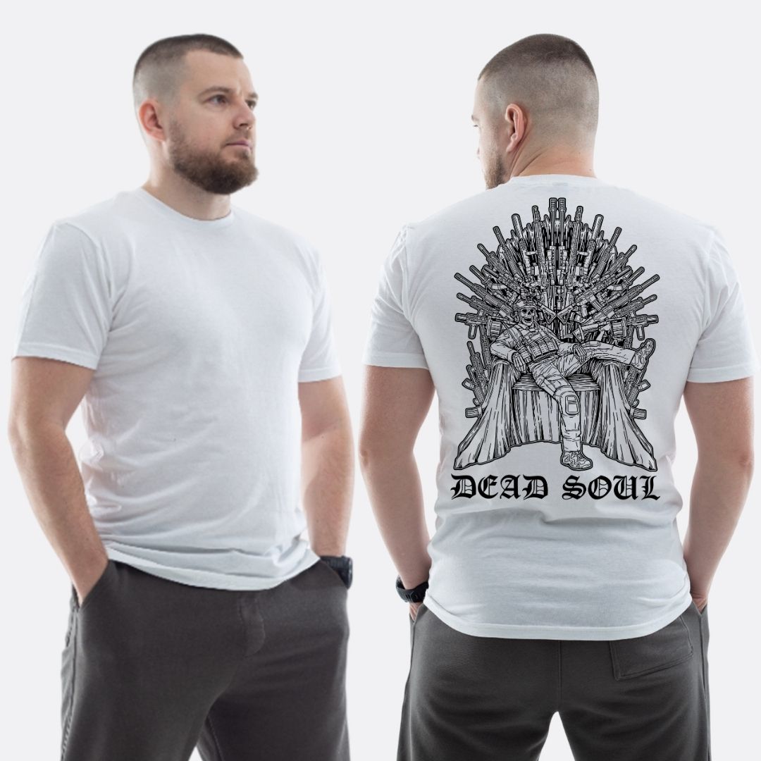 Чоловіча класична футболка з принтом Dead soul мертва душа скелет на залізному троні , Білий
