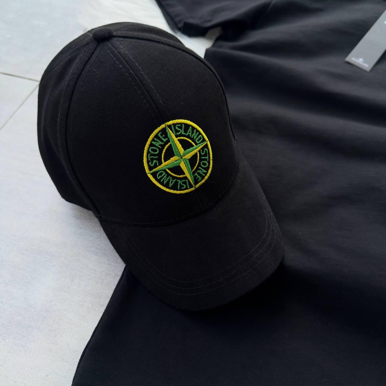 Набор Stone Island футболка белая шорты кепка черные унисекс хлопковый летний практичный с принтом комплект