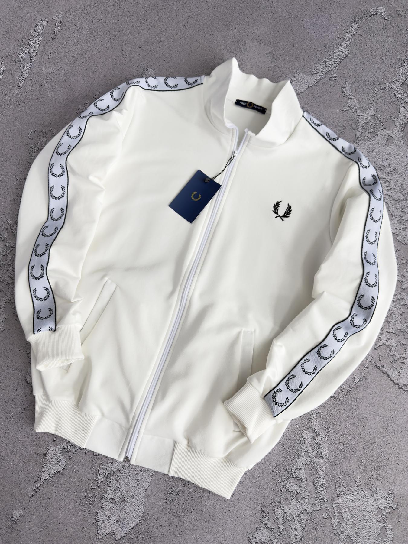Кофта Fred Perry молочна унисекс хлопковая демисезонная модная и качественная на молнии на прогулку реглан