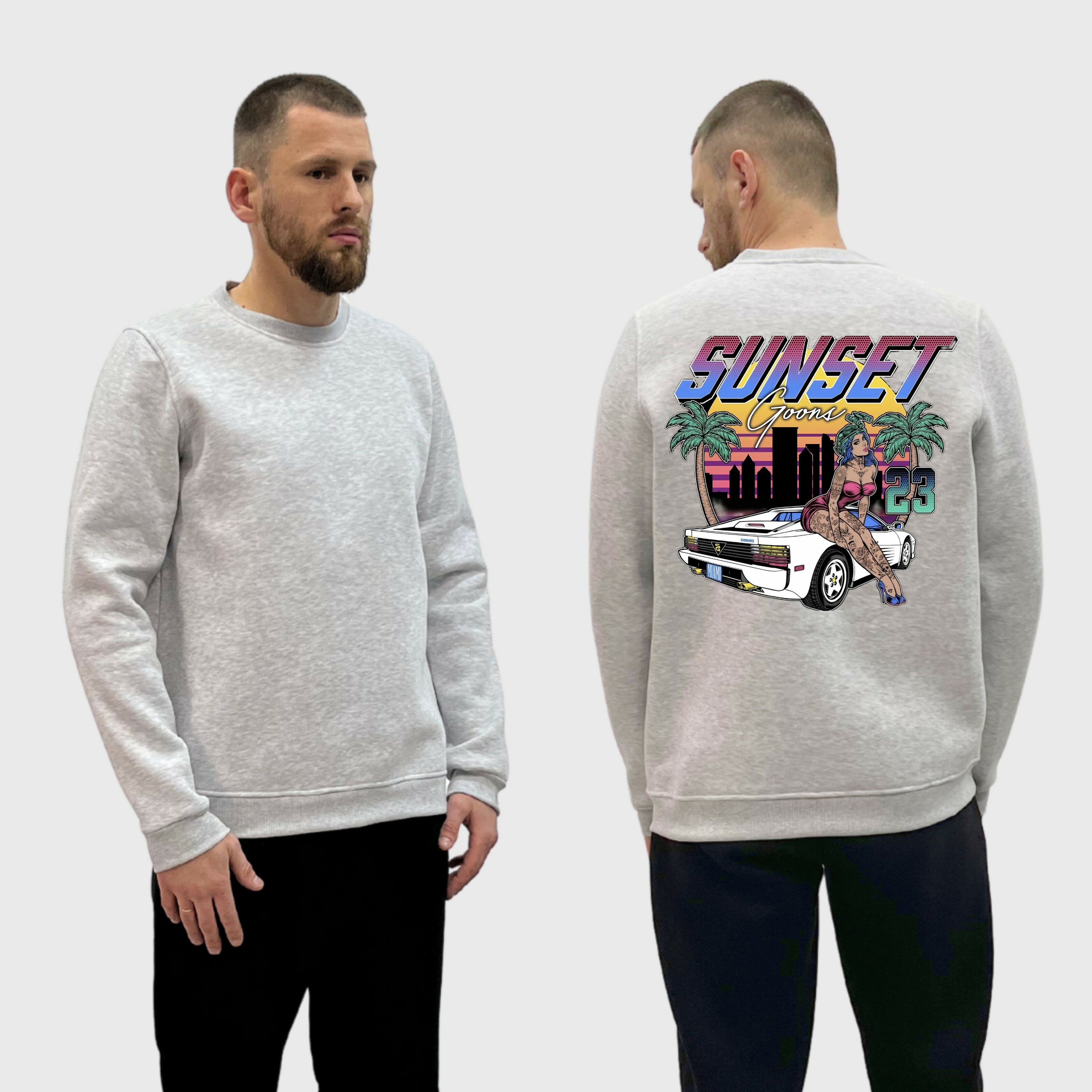 Чоловічий світшот на флісі з принтом Sunset Goons дівчина авто пальми, Сірий
