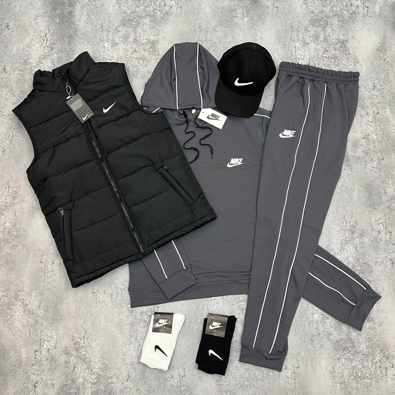 Комплект Спортивний костюм Nike з кантами+Жилетка + Кепка (2 пари шкарпеток в подарунок) трикотажний всесезонний з вишивкою