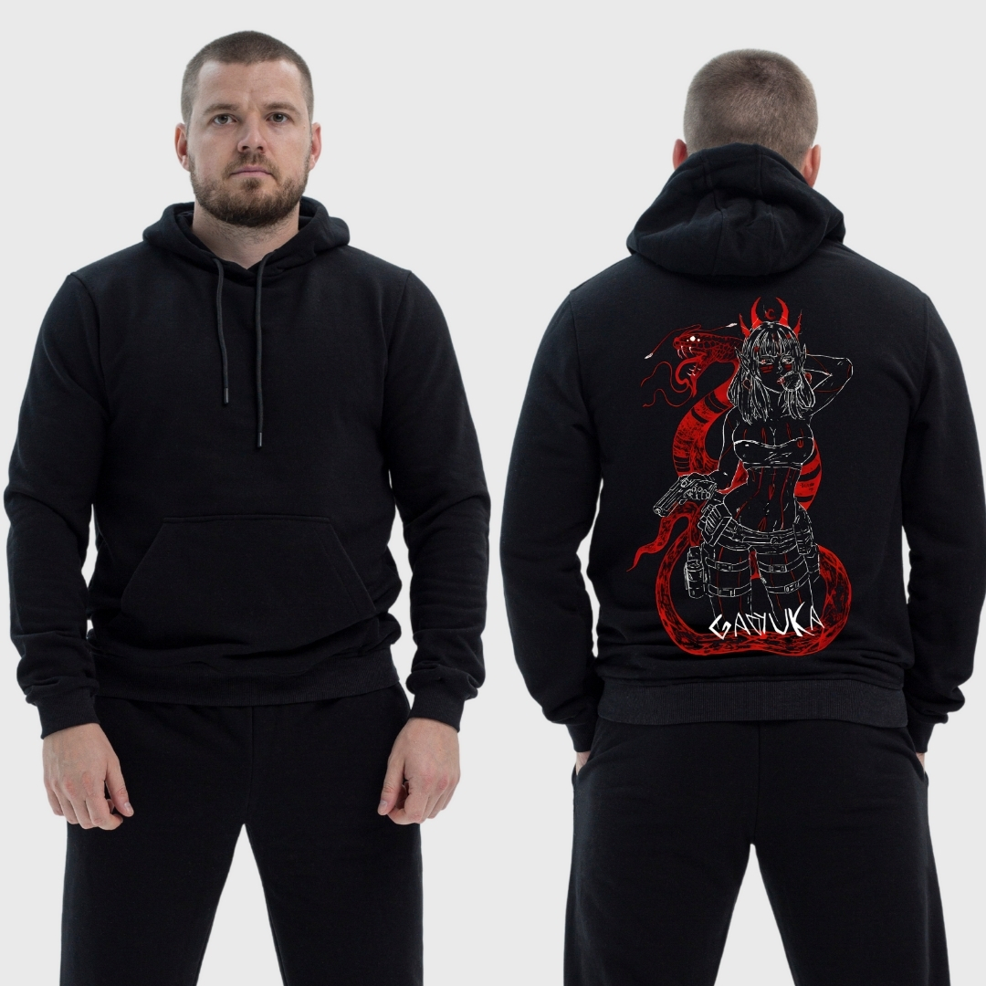 Чоловічий легкий худі з принтом Sunset Goons дівчина з пістолетом змія гадюка, Чорний