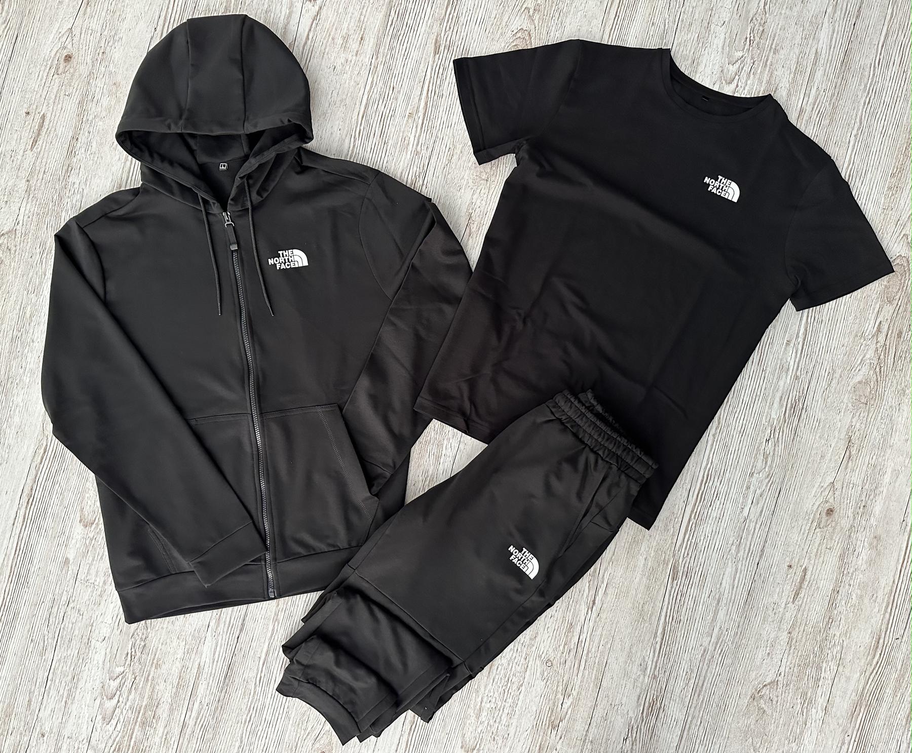 Демисезонный спортивный костюм The North Face черная кофта на молнии + штаны (двонитка) + Футболка черная The