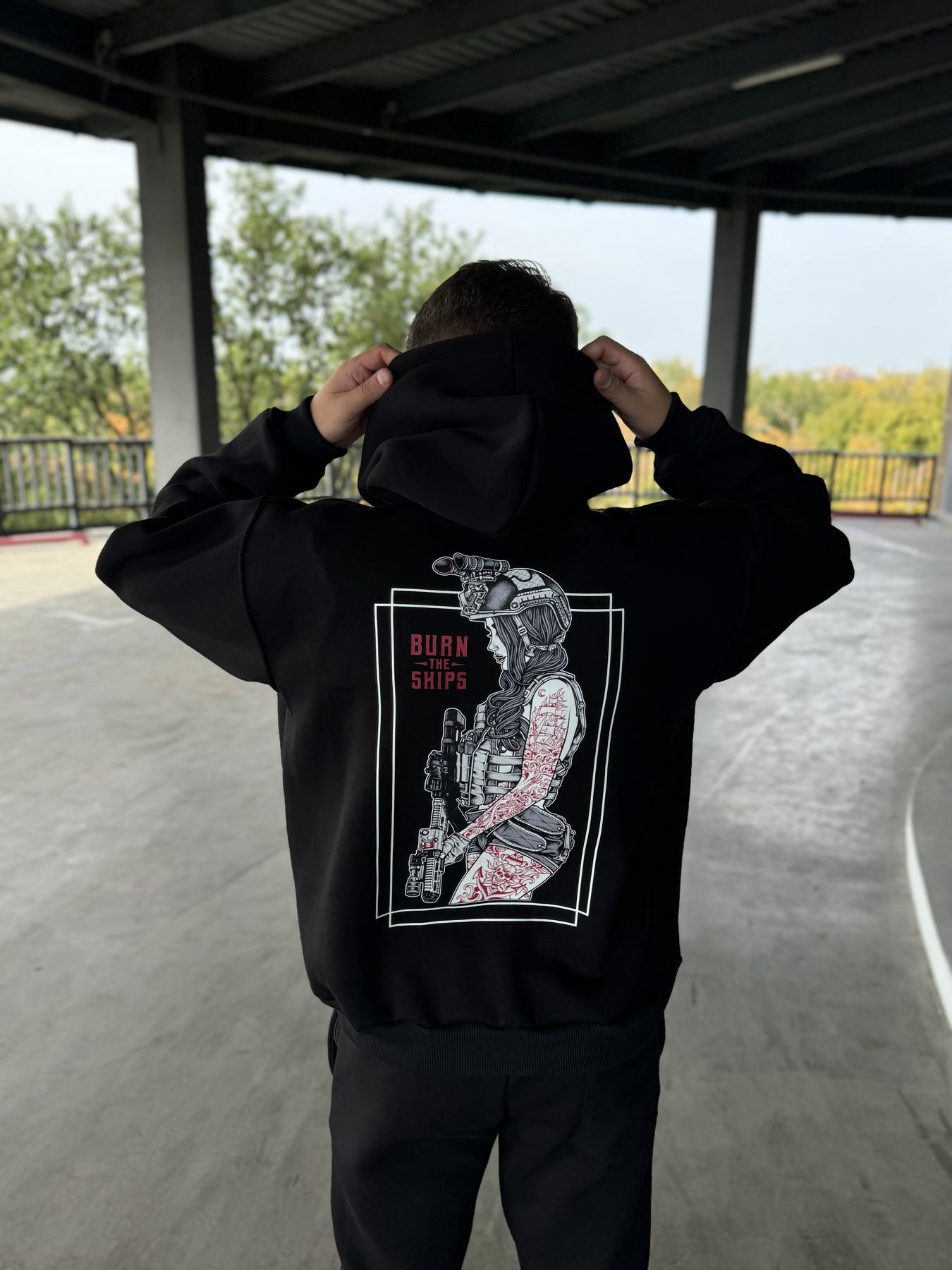 Худи милитари без флиса, унисекс, цвет, размеры S черное всесезонное модное с принтом толстовка с капюшоном