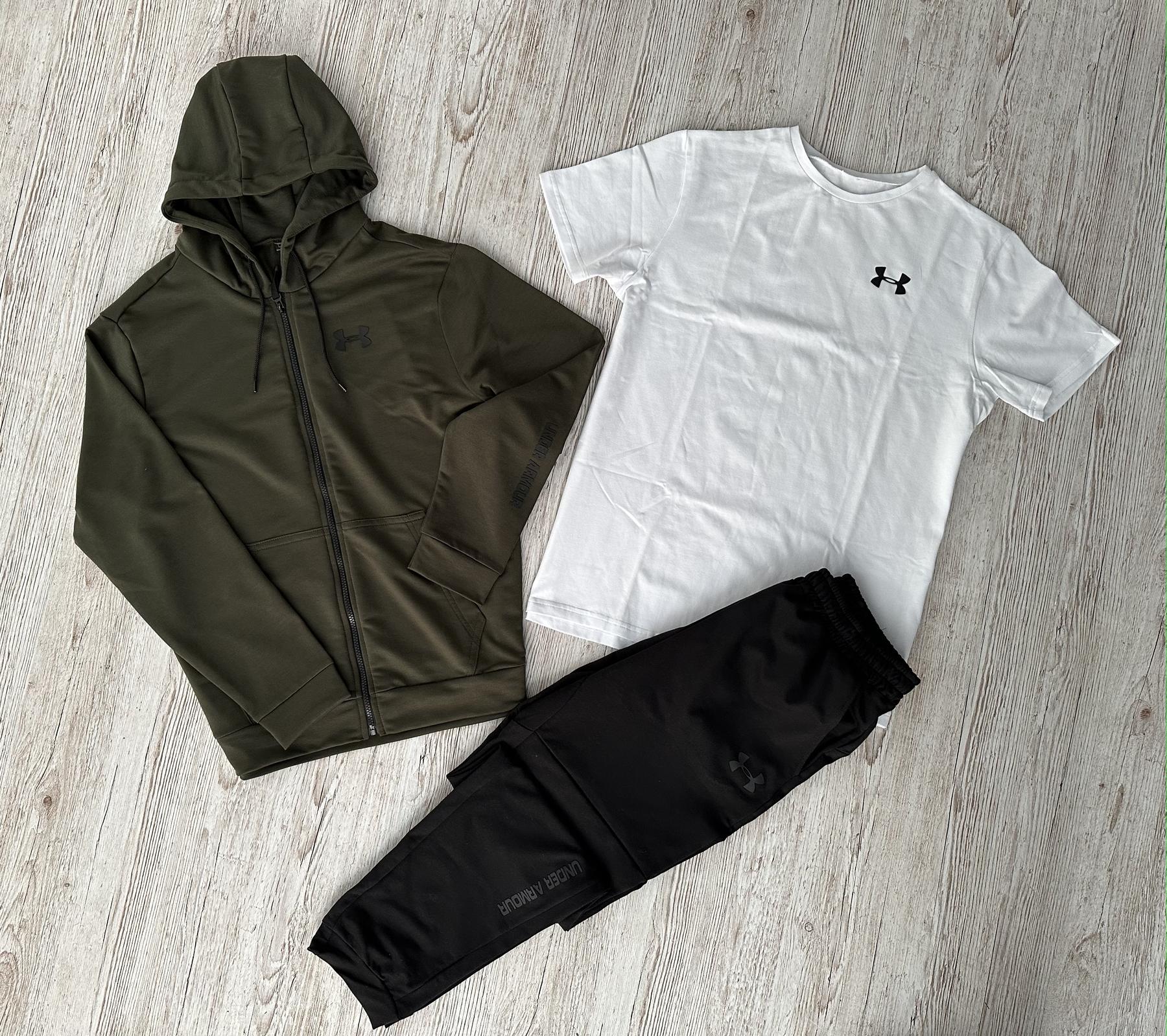 Демисезонный спортивный костюм Under Armour кофта на молнии хаки + штаны (двонитка) + Футболка белая Under