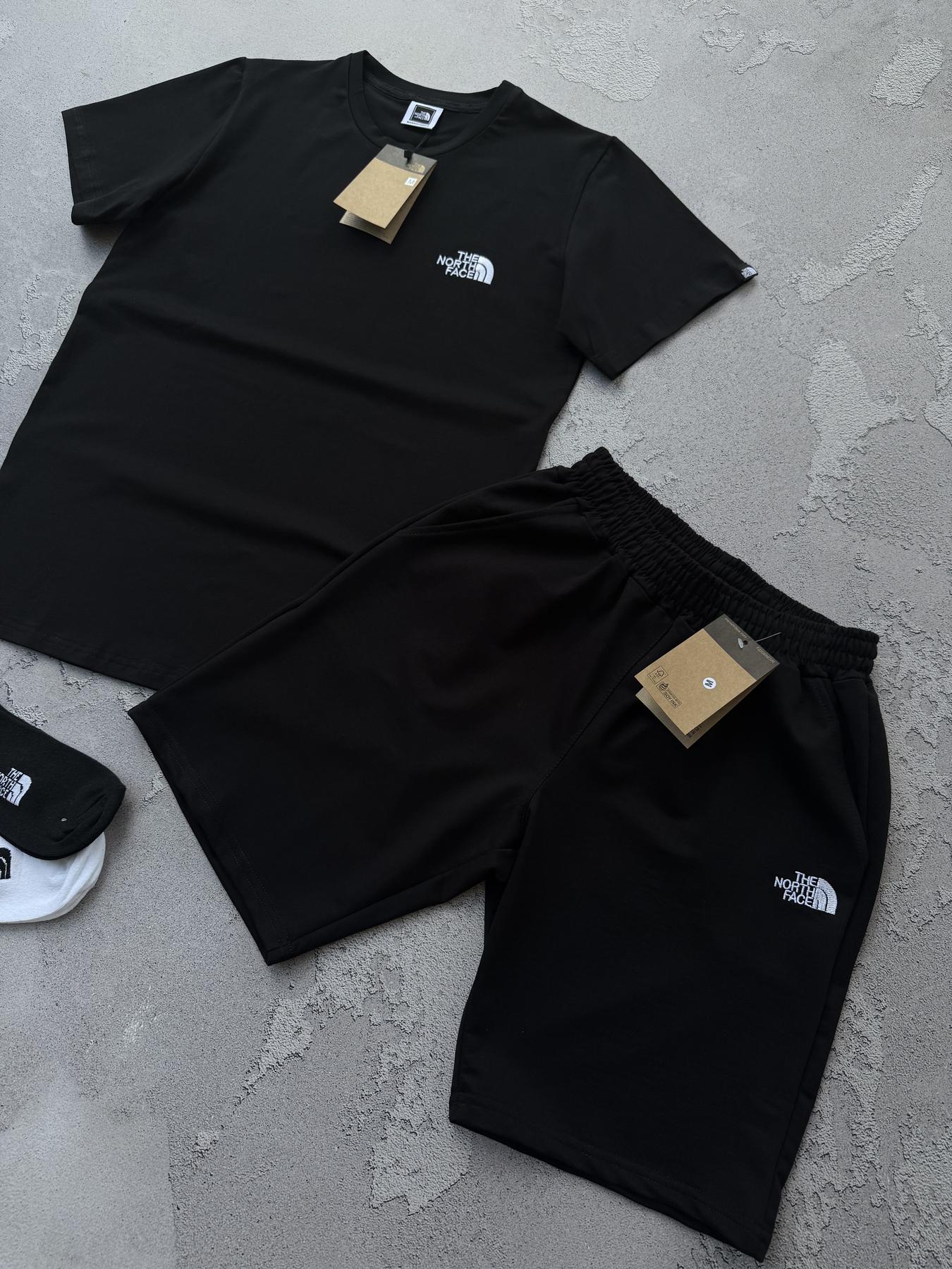 Набор The North Face вишивка футболка шорты унисекс хлопковый черный летний модный с вышивкой комплект