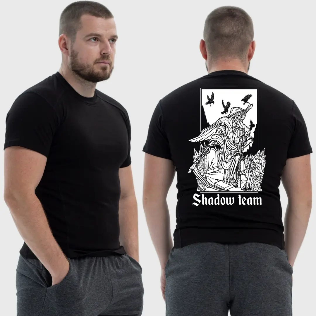 Чоловіча тактична футболка з принтом Shadow team скелет смерть на кладовищі, Чорний