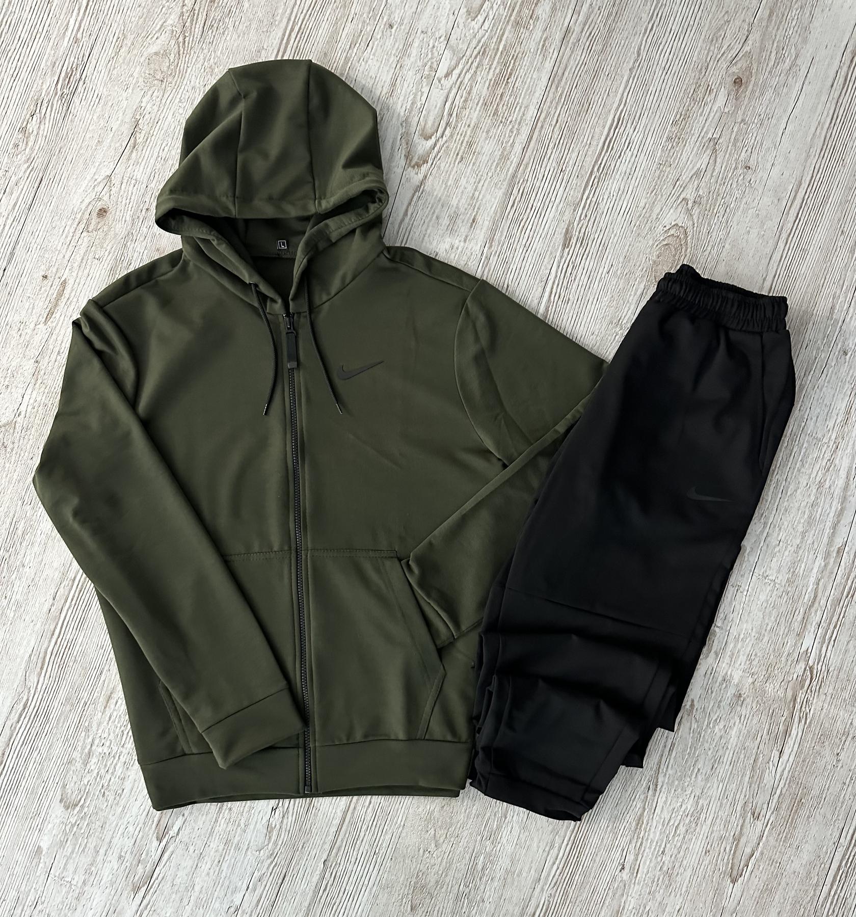 Демисезонный спортивный костюм Nike кофта на молнии хаки + штаны (двонитка) + Футболка хаки Nike мужской