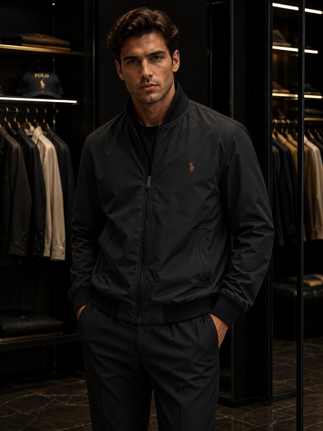 Ralph Lauren (с наповнювачем холофайбер) мужская куртка черная плащевка демисезонная модная на молнии ветровка