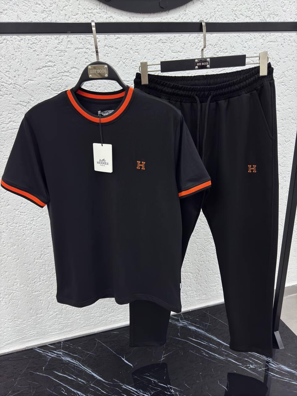 Футболка Hermes мужская хлопковая черная летняя стильная и модная с коротким рукавом прямого кроя тенниска