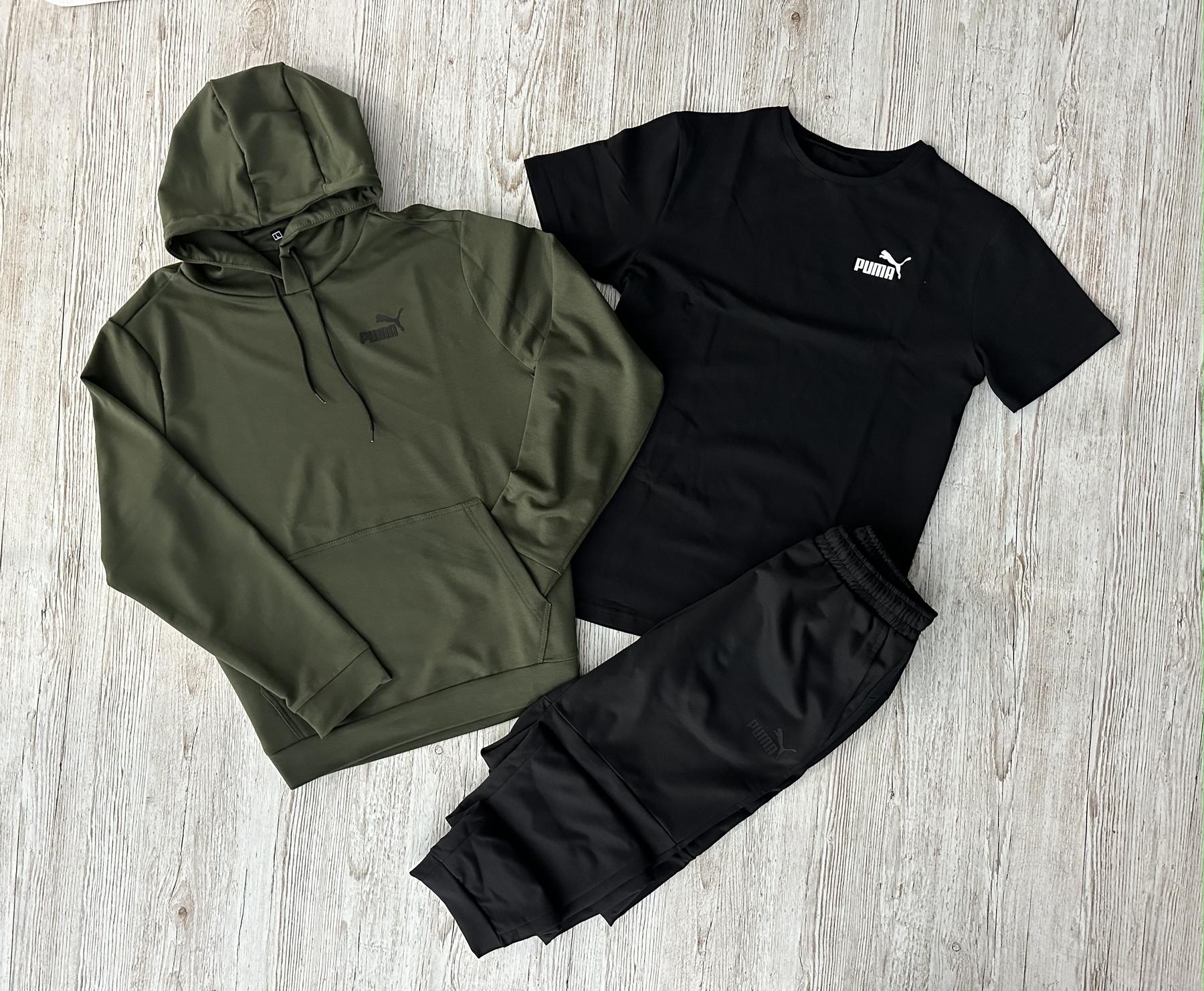 Демісезонний спортивний костюм Puma худі хакі + штани (двонитка) + Футболка чорна Puma + Жилетка + Шкарпетки 2 пари (чорні і