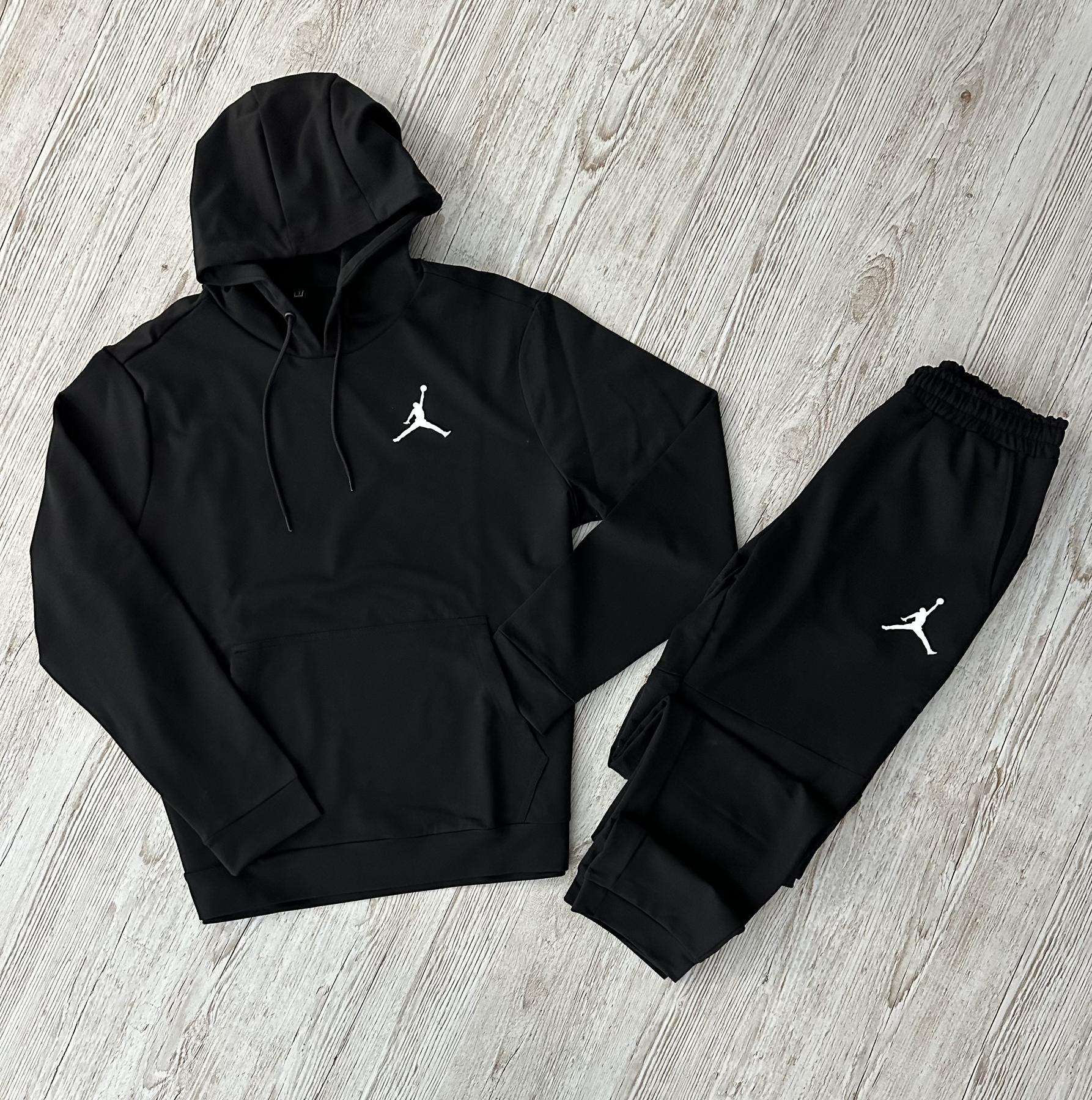 Демисезонный спортивный костюм Jordan черный худи + штаны (двонитка) + Футболка хаки Jordan мужской двунитка