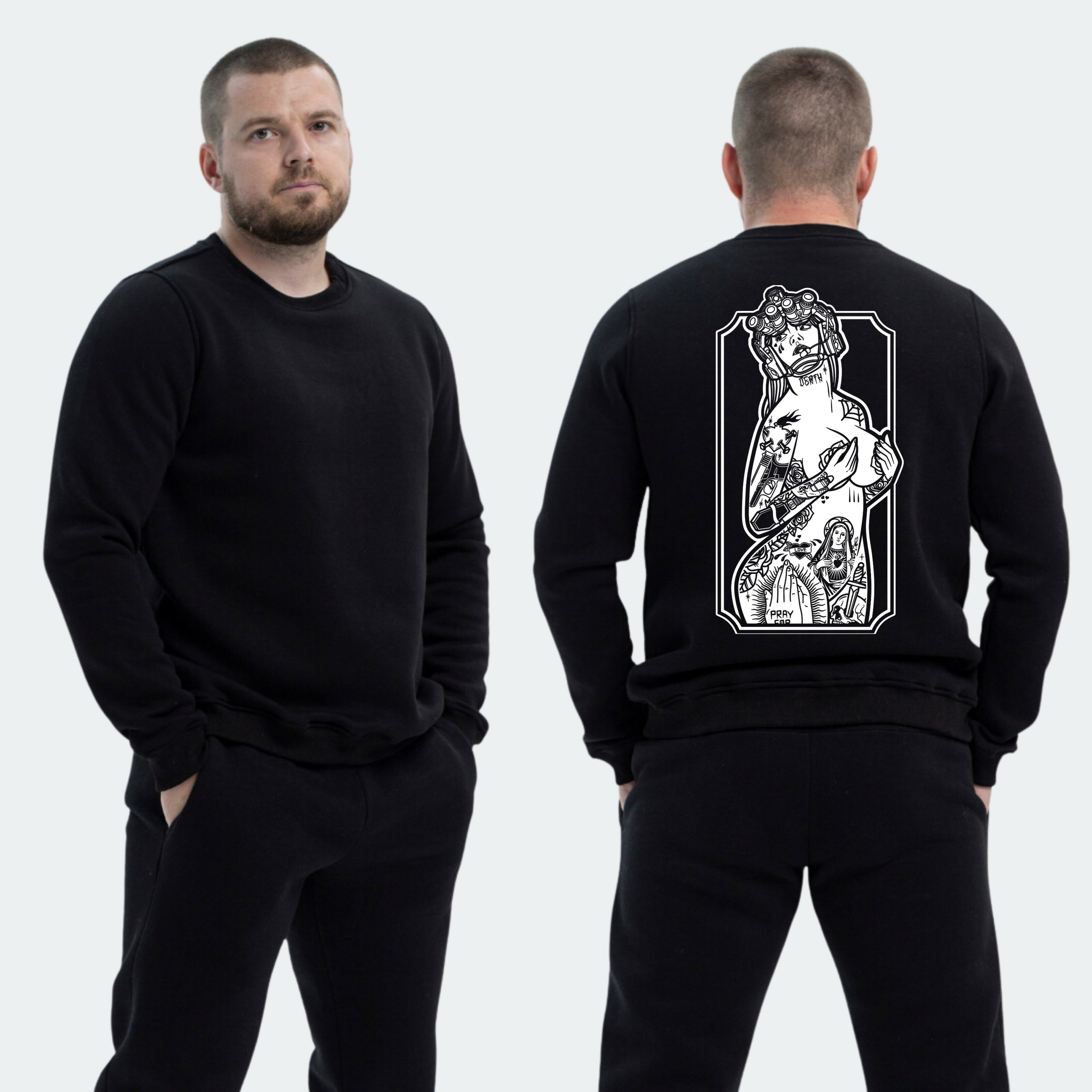 Чоловічий світшот на флісі з принтом Sunset Goons дівчина тату прикриває груди, Чорний