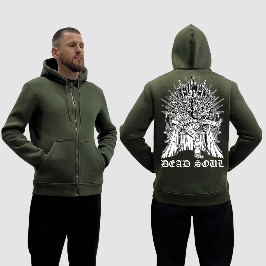 Чоловічий зіп-худі на флісі з принтом Dead soul мертва душа скелет на залізному троні, Хакі