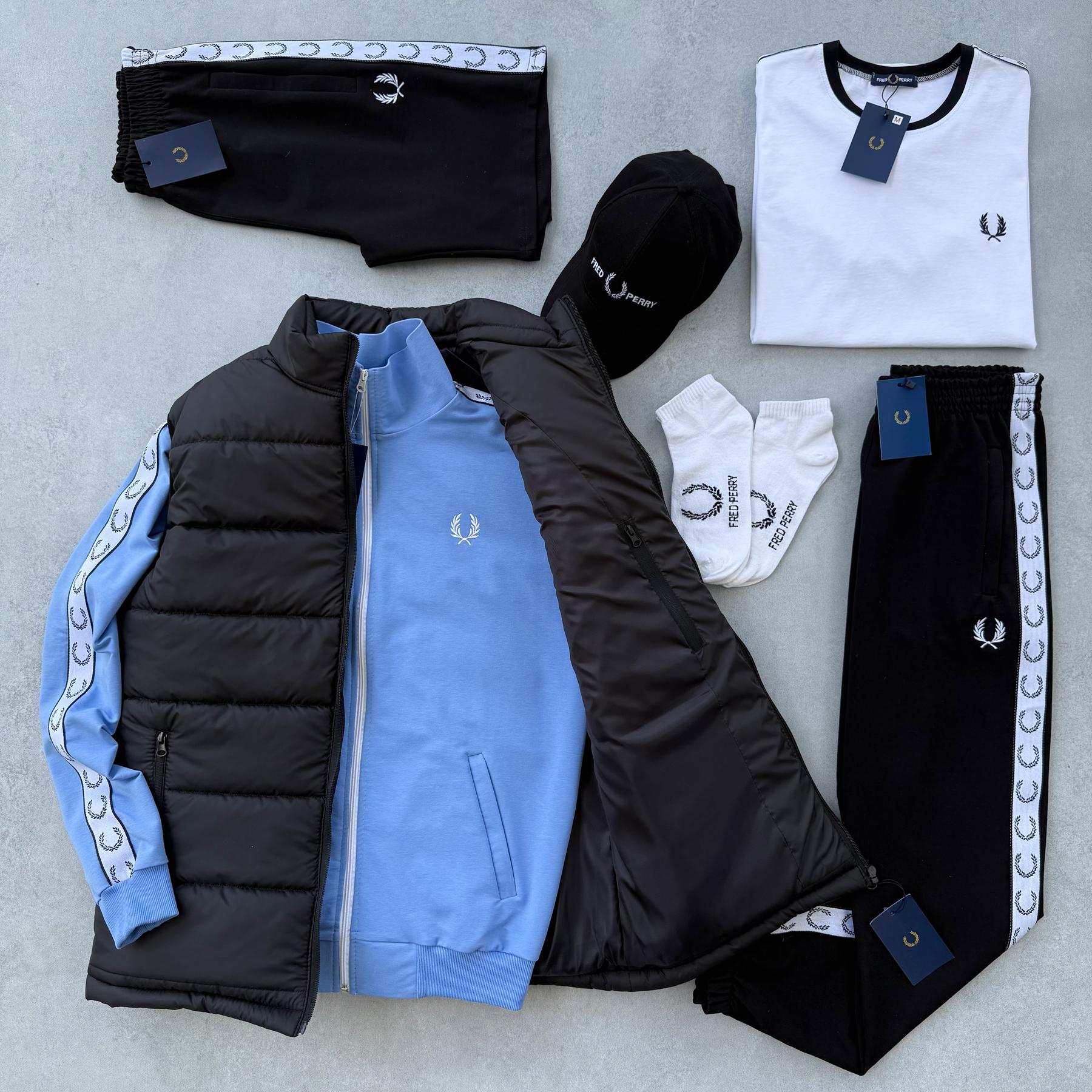 Набор 8в1 Fred Perry жилет кофта голубая штаны футболка белая шорты кепка унисекс хлопковый всесезонный