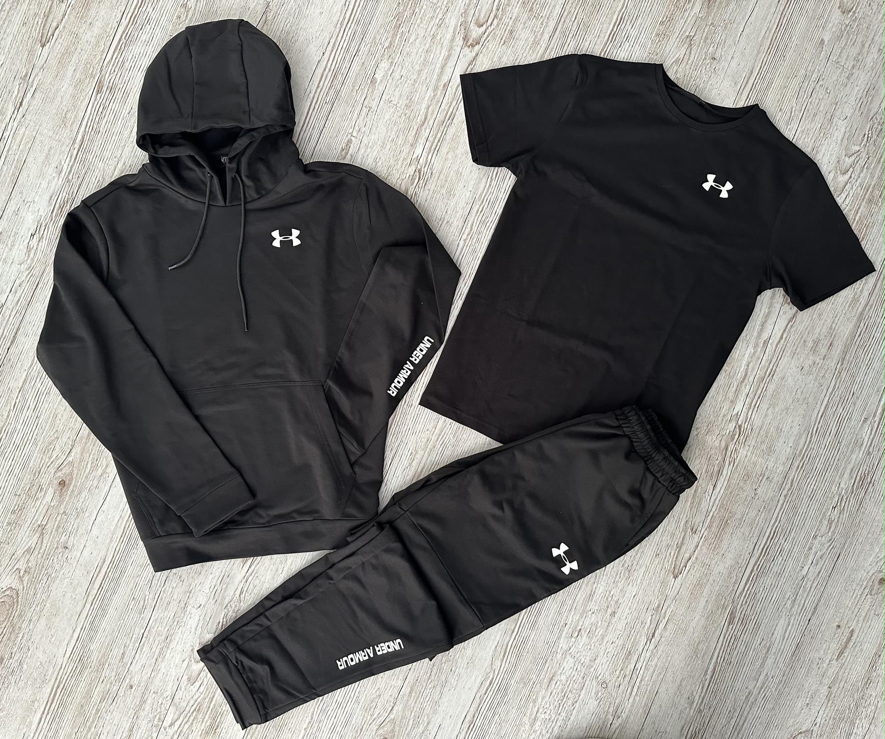 Демісезонний спортивний костюм Under Armour чорний худі + штани (двонитка) + Футболка чорна Under Armour + Жилетка + Шкарпетки