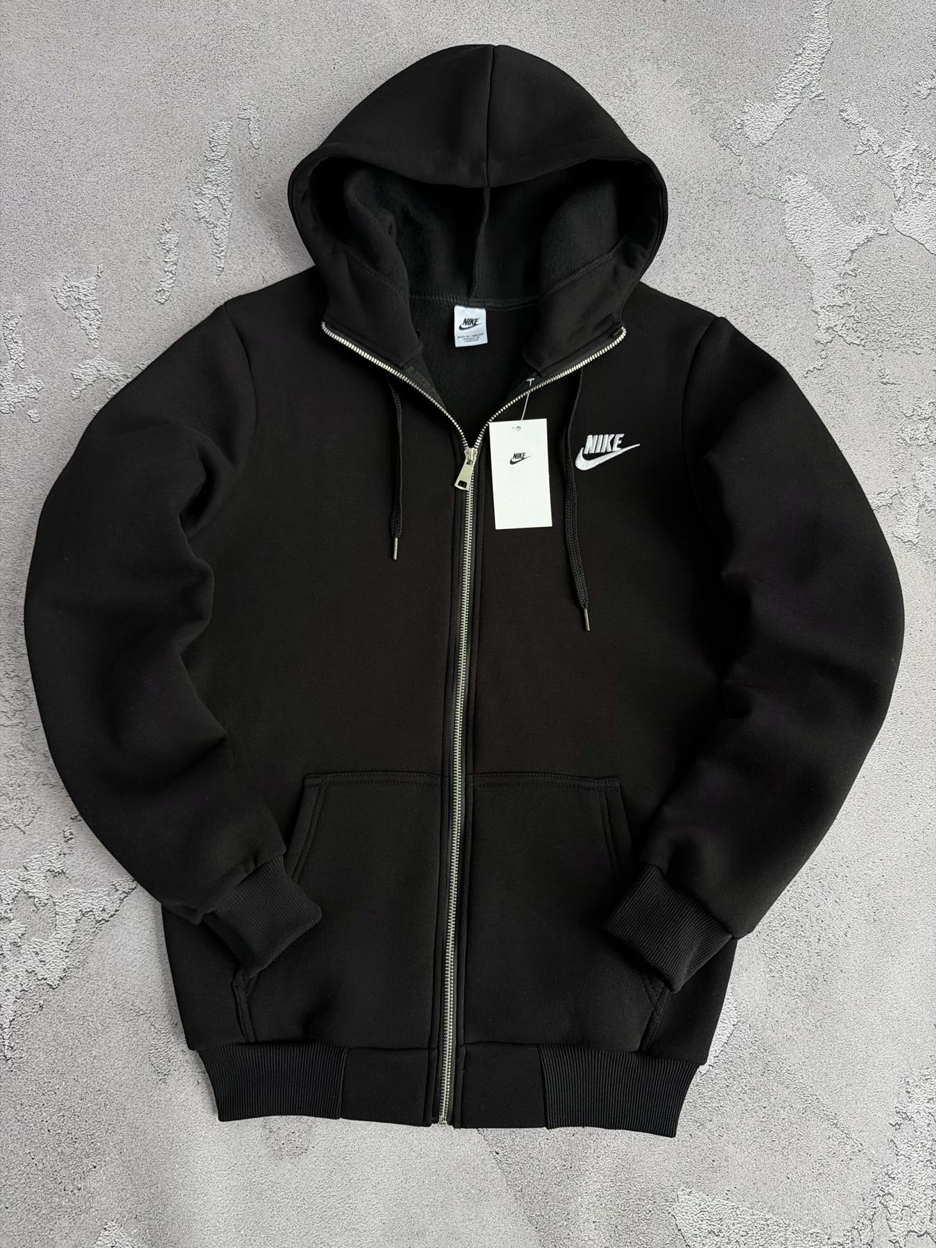 Зима Nike зип худи черный унисекс на молнии с вышивкой для встреч с друзьями кофта с капюшоном