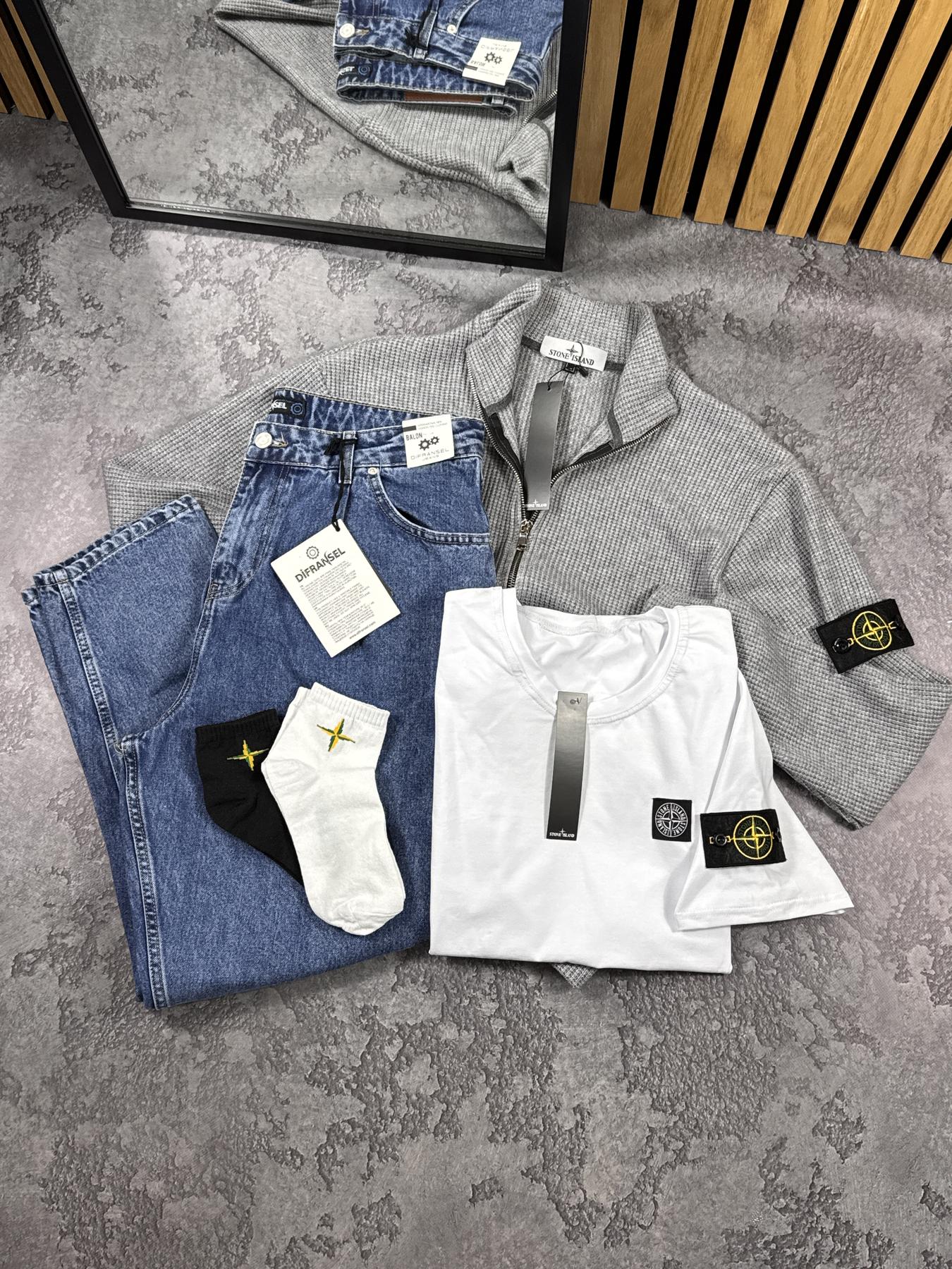 Комплект Кофта в'язана Stone Island + Джинси Jogger + Футболка сірий демісезонний зручний на блискавці костюм