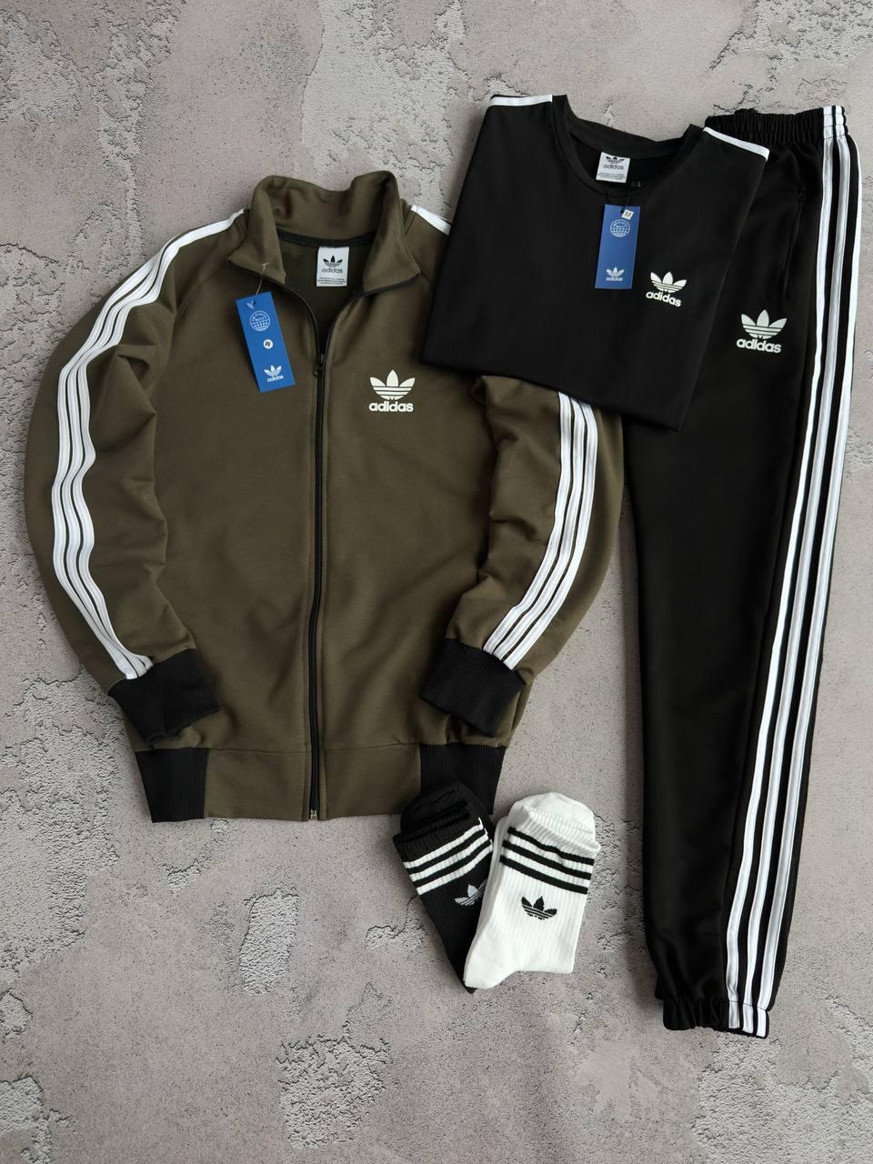 Набор Adidas кофта хаки штаны черные футболка черная хлопковый всесезонный оригинальный и красивый комплект