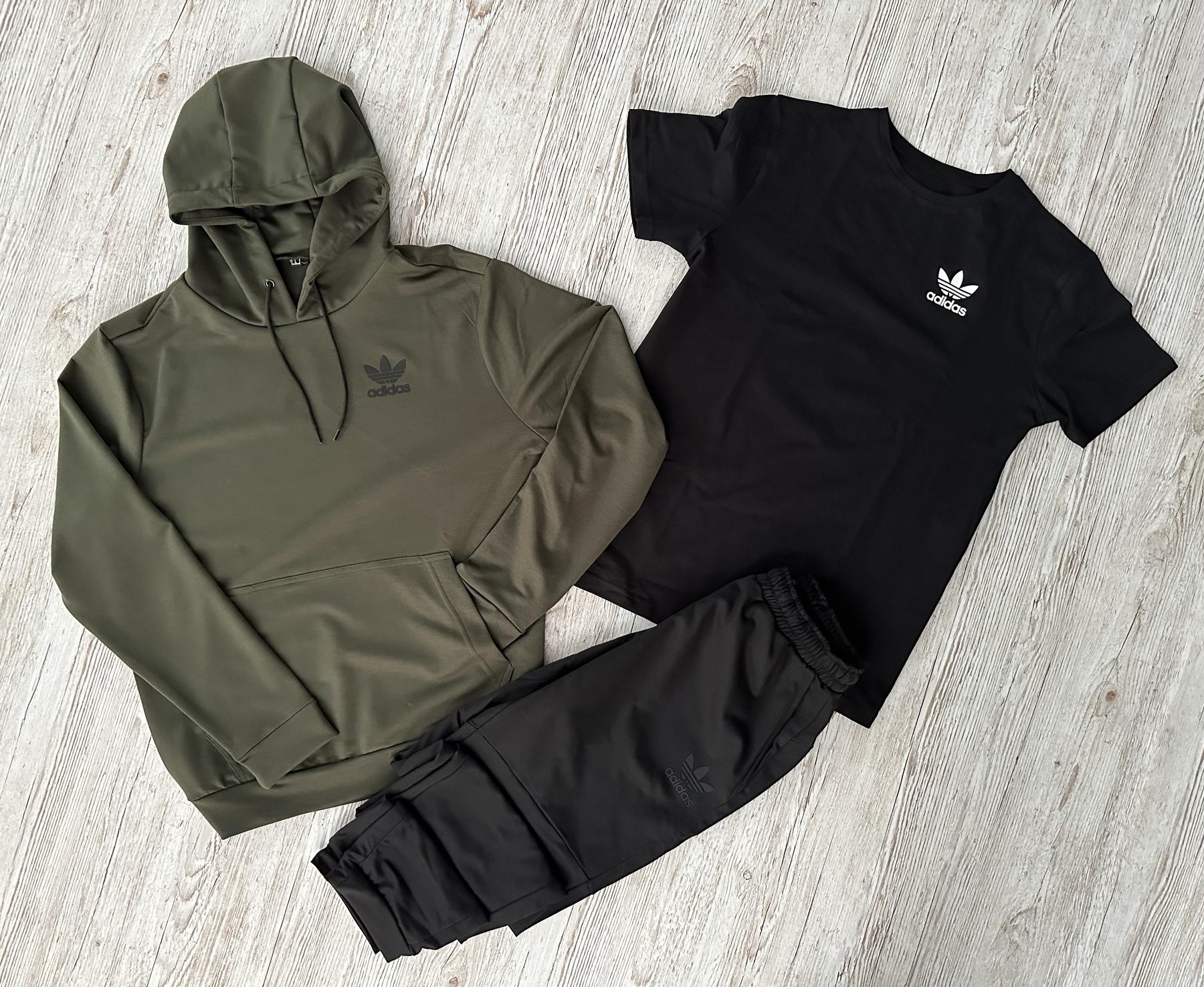 Демісезонний спортивний костюм Adidas худі хакі + штани (двонитка) + Футболка чорна Adidas + Жилетка + Шкарпетки 2 пари (чорні