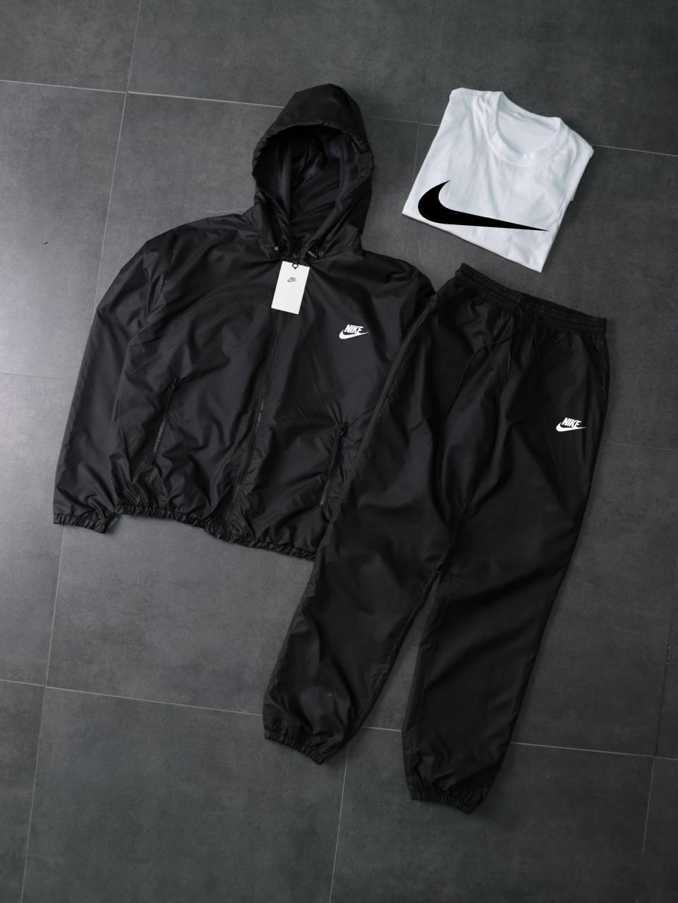 Костюм чорний з плащівки Вітровка+Штани +Футболка біла Nike-мал демісезонний трендовий на свято комплект