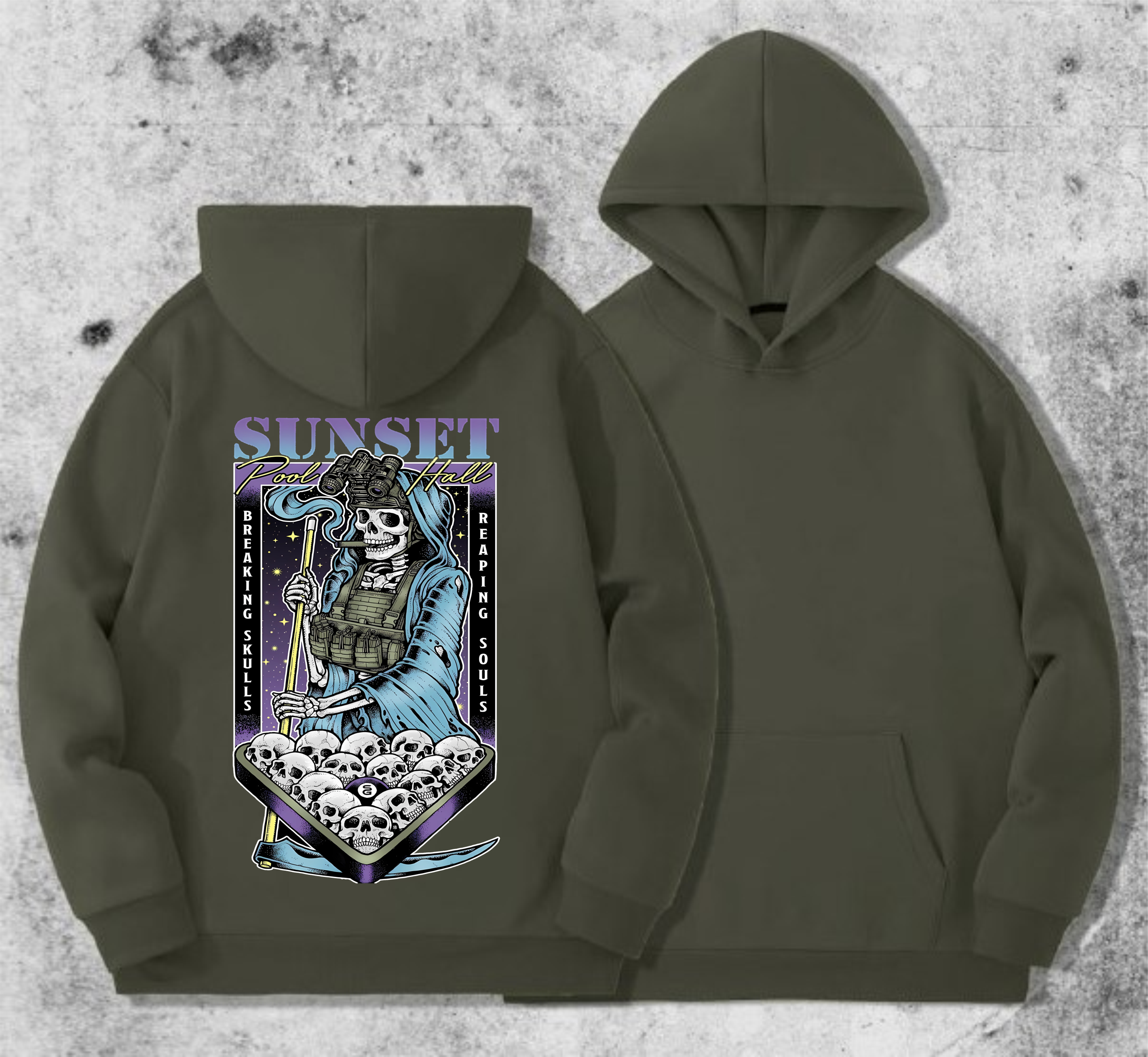 Худі чоловічий на флісі з принтом Sunset Goons skulls souls смерть більярд , Хакі