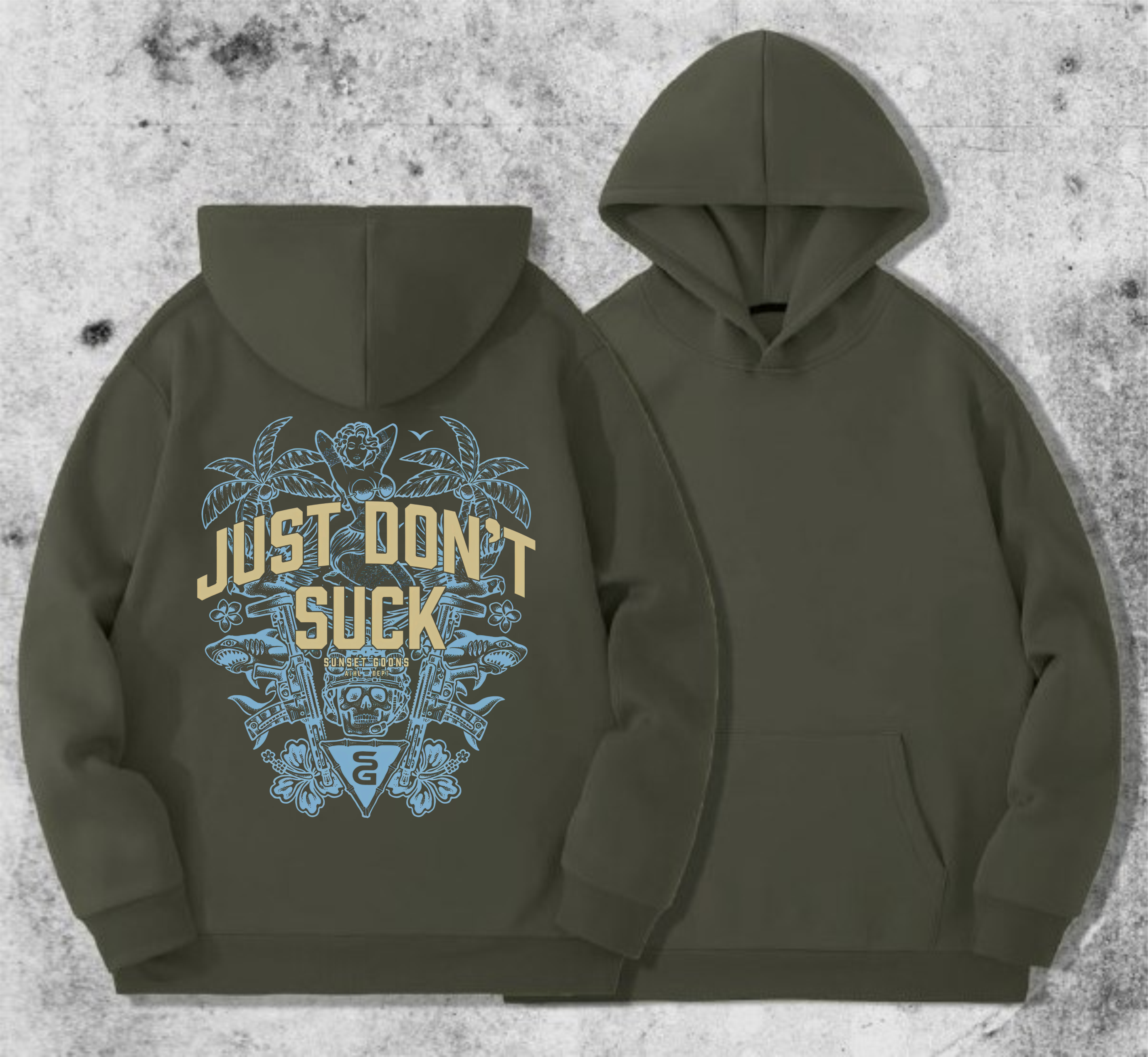 Худі чоловічий на флісі з принтом Sunset Goons just d`ont suck не смокчи , Хакі